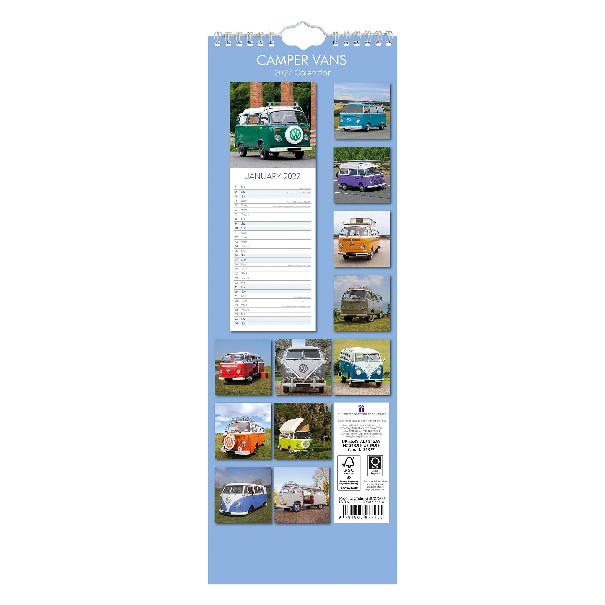 A spiral-bound wall calendar page titled 'CAMPER VANS' with a light blue border, featuring multiple vintage camper van photos, a January 2027 calendar page, and product text on a white background.