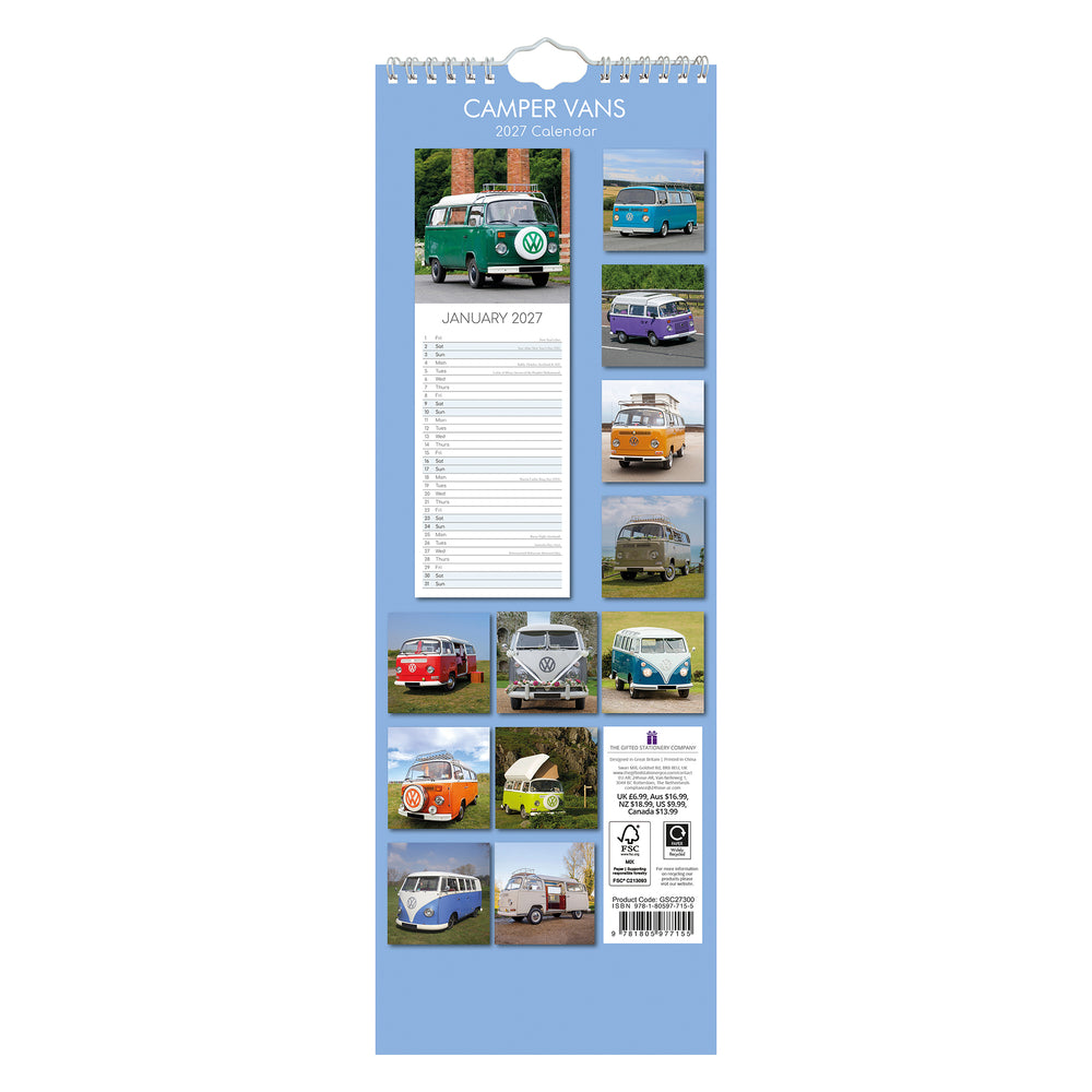 A spiral-bound wall calendar page titled 'CAMPER VANS' with a light blue border, featuring multiple vintage camper van photos, a January 2027 calendar page, and product text on a white background.