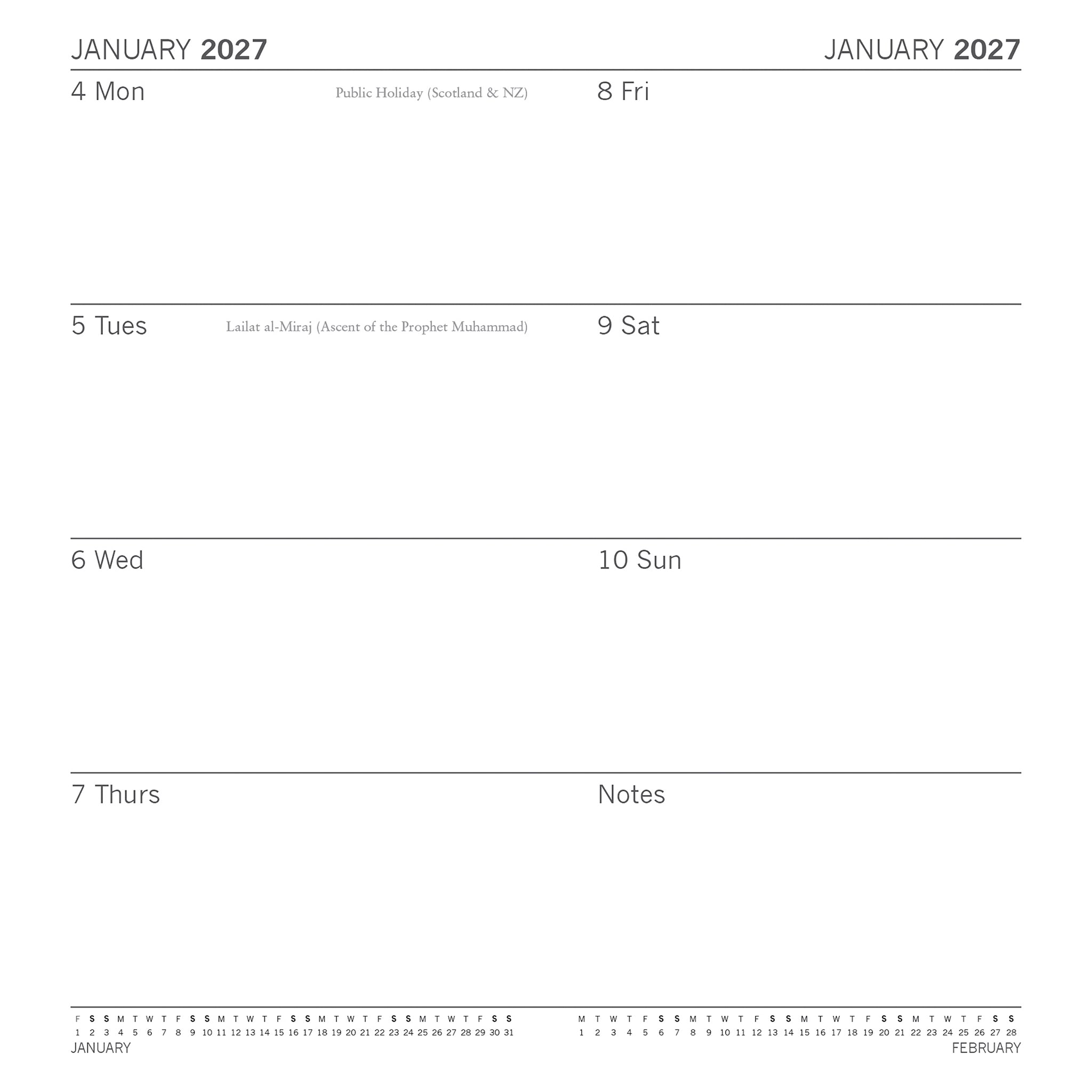 A minimalist weekly planner page for January 2027, with days of the week listed from Monday to Sunday, a notes section, and a small monthly calendar strip along the bottom.