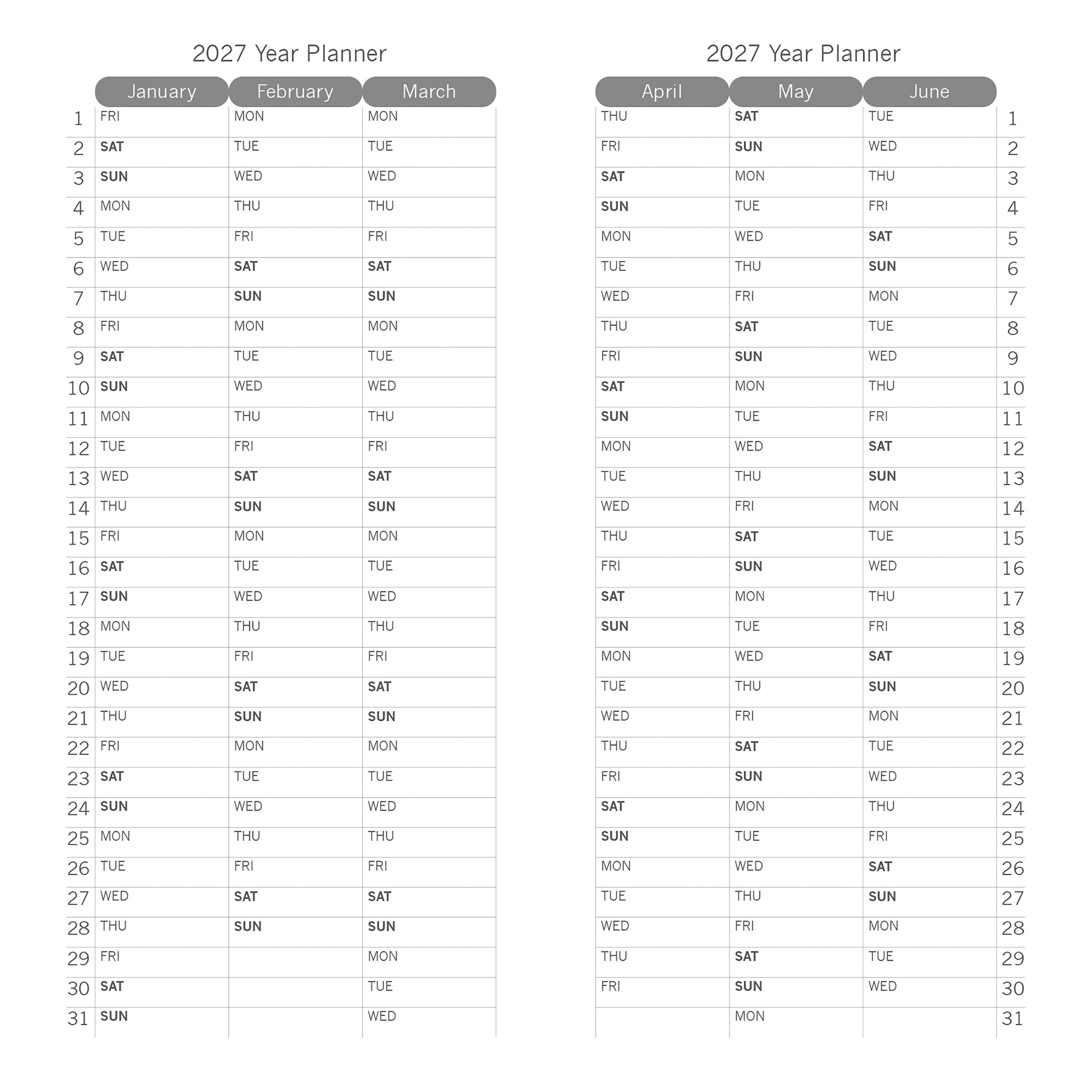 A 2027 Year Planner page showing a monthly calendar grid from January to June, with days of the week listed below each month header on a white background.