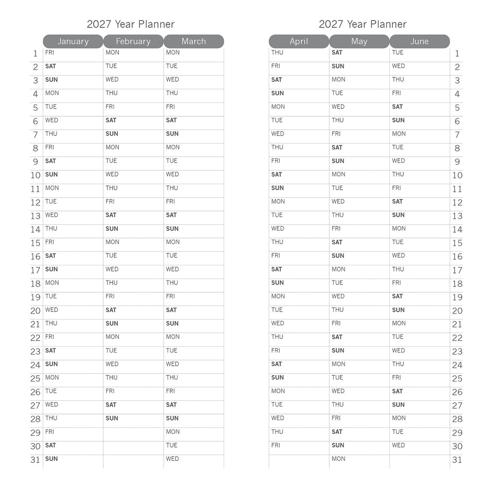 A 2027 Year Planner page showing a monthly calendar grid from January to June, with days of the week listed below each month header on a white background.
