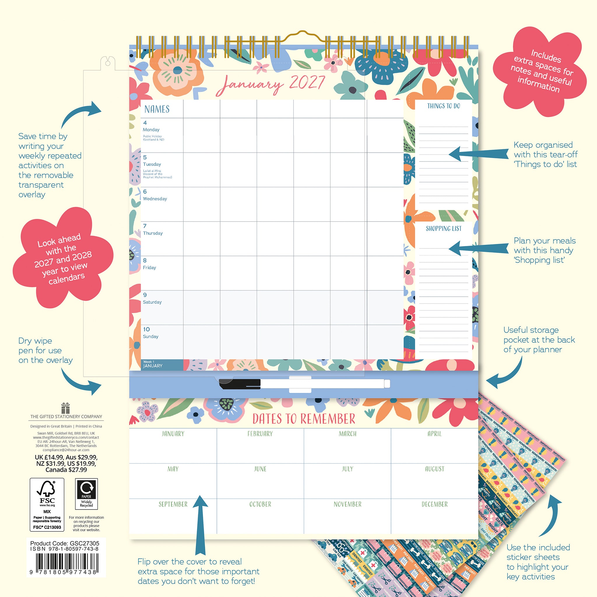 A spiral-bound planner page set for January 2027 with floral borders and printed product callouts on a light beige background. The main page shows a monthly calendar layout with sections for names, tasks, shopping list, meals, and a dates to remember column, plus a pen slot and storage pocket.