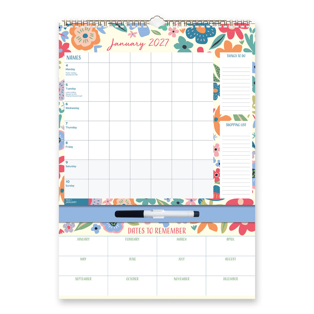A January 2027 spiral-bound planner page with a colorful floral border, a large monthly grid, side notes for names, shopping list, and tasks, plus a blue header strip holding a black and white marker. The bottom section includes a dates to remember grid.