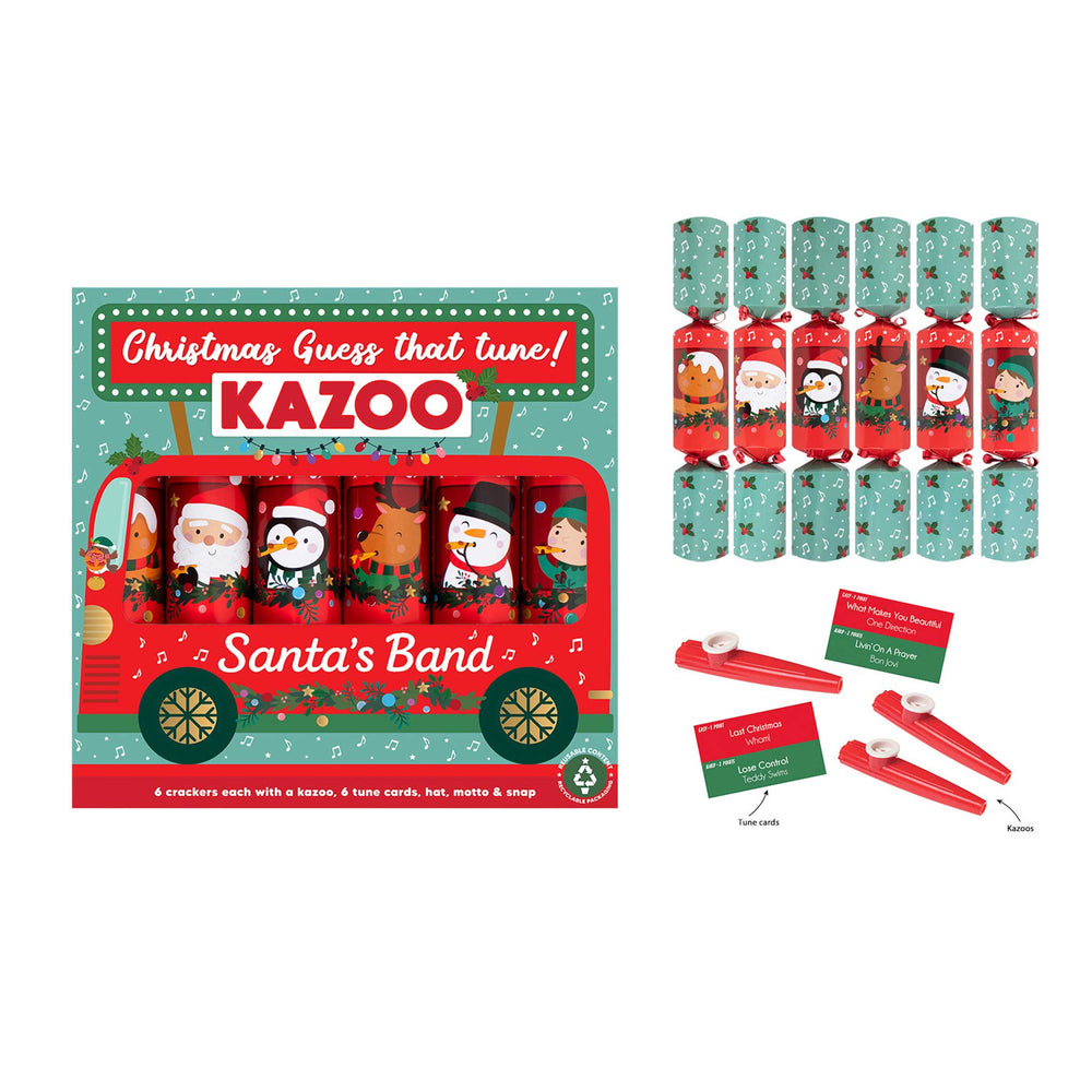 Kazoo Christmas Guess that Tune! Santa's Band cracker set, featuring a red and teal cardboard box with a festive illustration.
