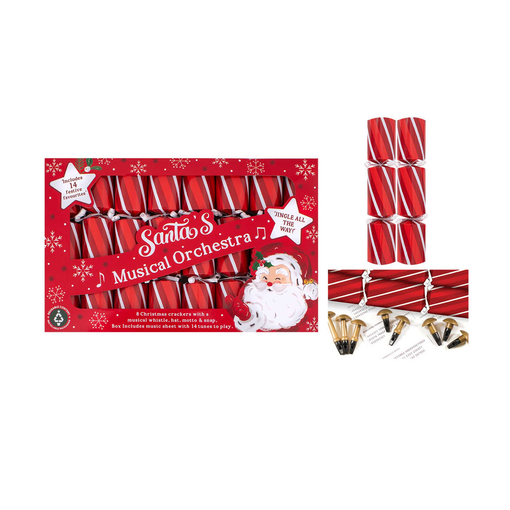Santa's Musical Orchestra Christmas cracker set, featuring a red box with Santa's illustration, alongside individual crackers on a plain white background.