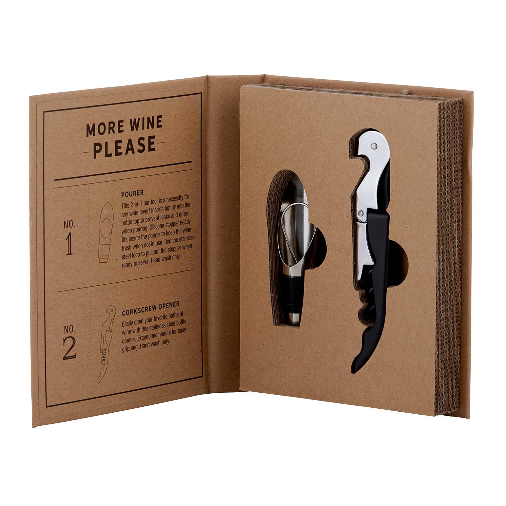 Wine opener set in a cardboard holder with instructions on a white background