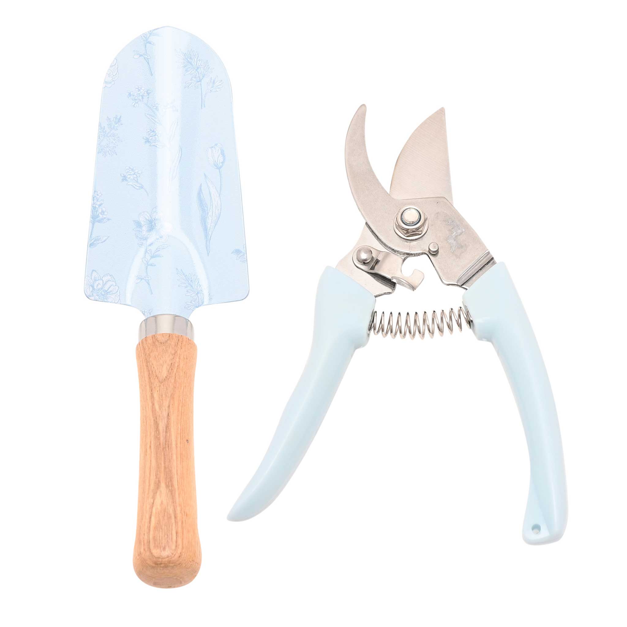 Gardening tool set with light blue pruner and trowel on a white background