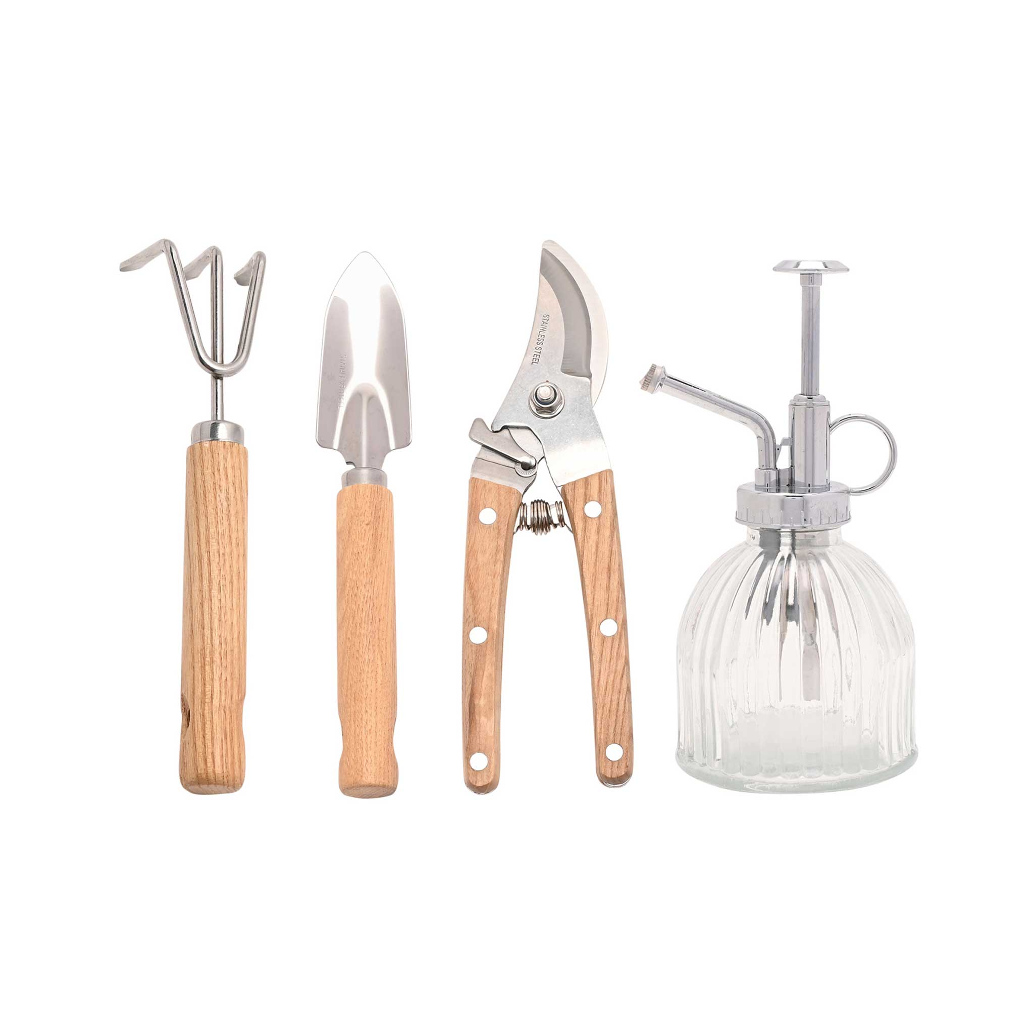 Set of gardening tools with wooden handles on a white background