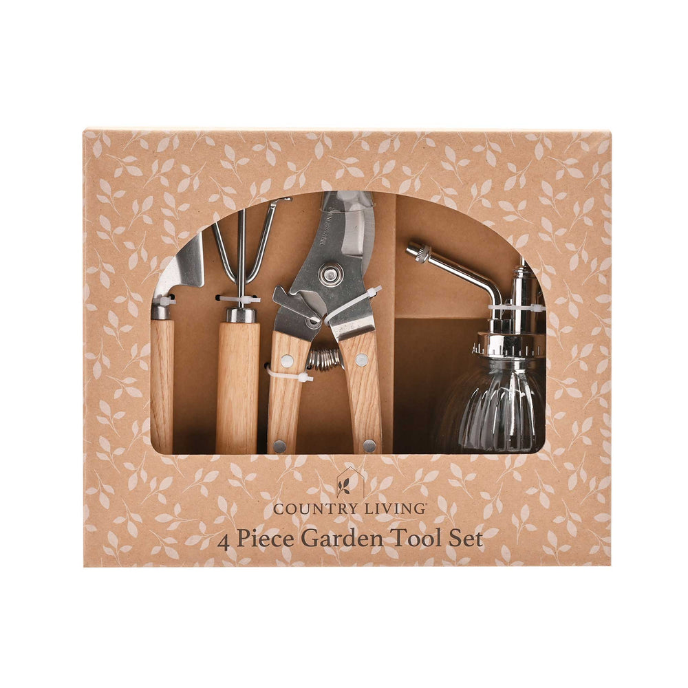 4-piece garden tool set in a decorative box with 'Country Living' branding.
