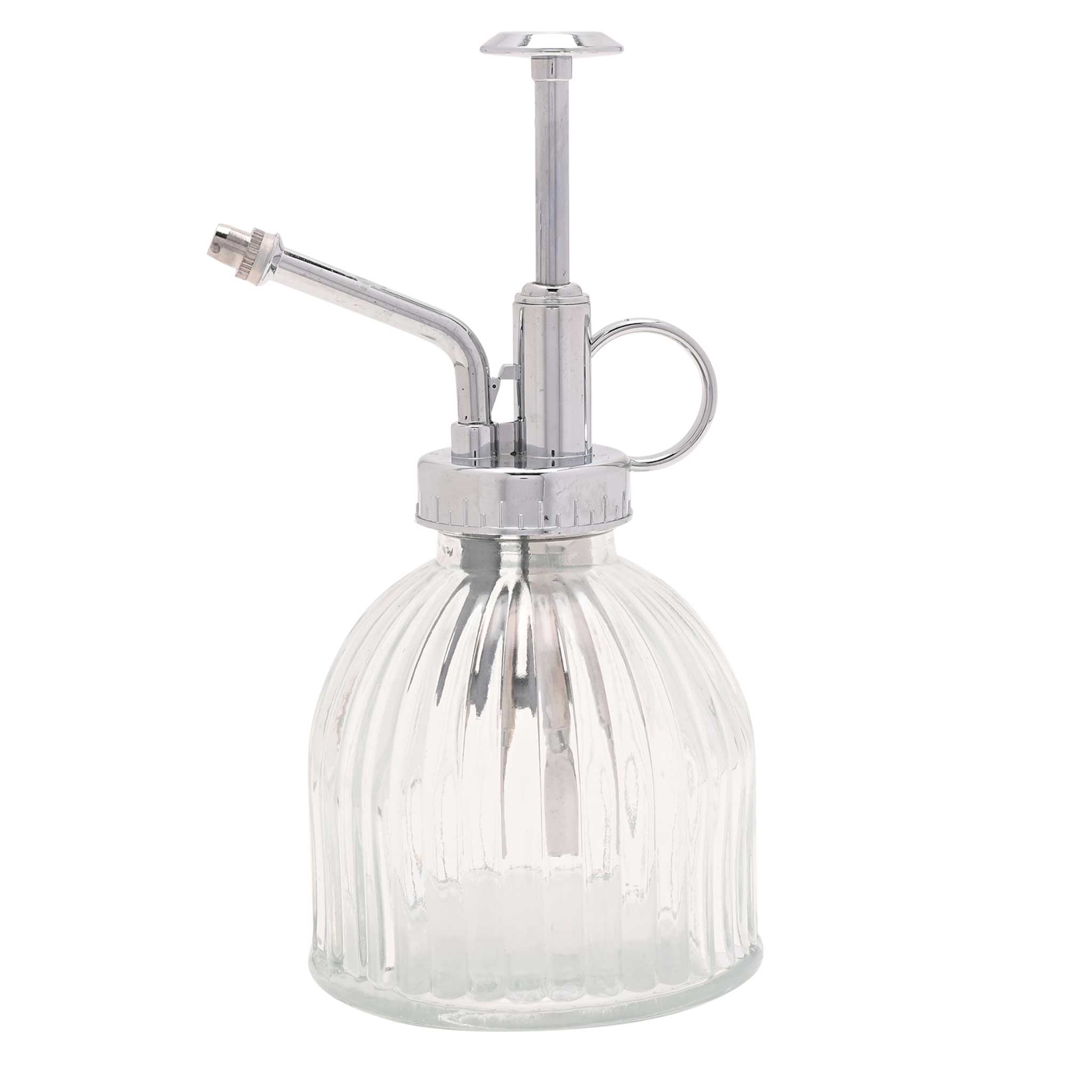 Vintage-style glass plant mister with silver metal nozzle on a white background