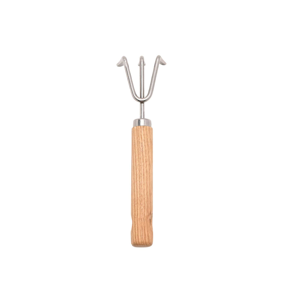 Gardening tool with wooden handle and metal prongs on a white background