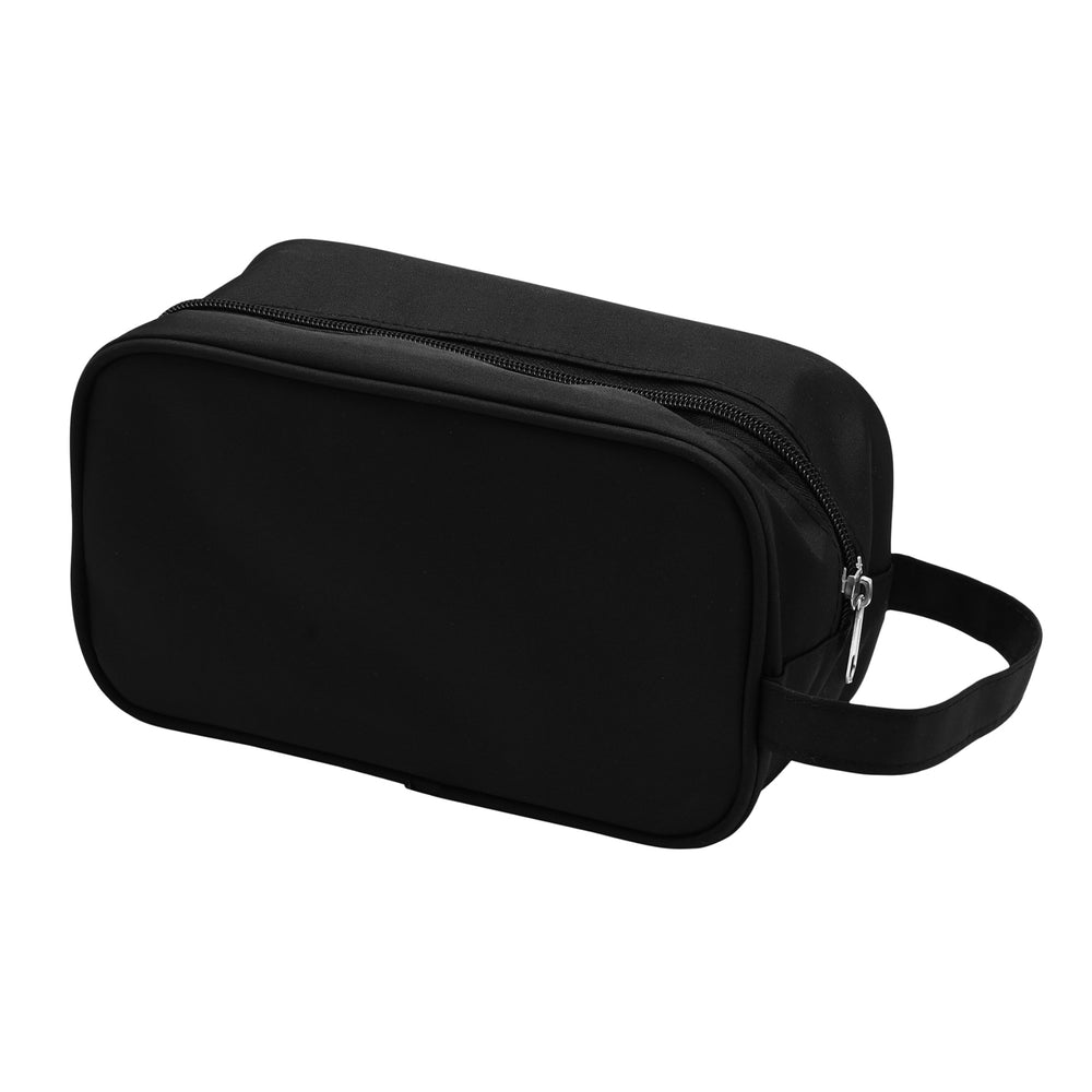 Black toiletry bag with a handle on a white background