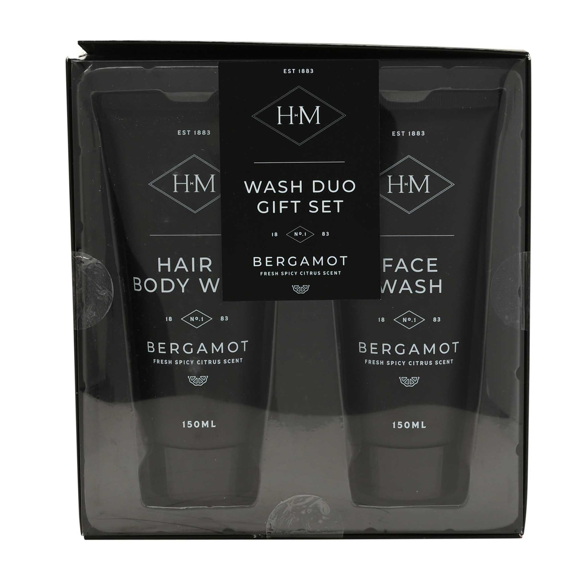 H&M Wash Duo Gift Set with two black bottles in clear packaging