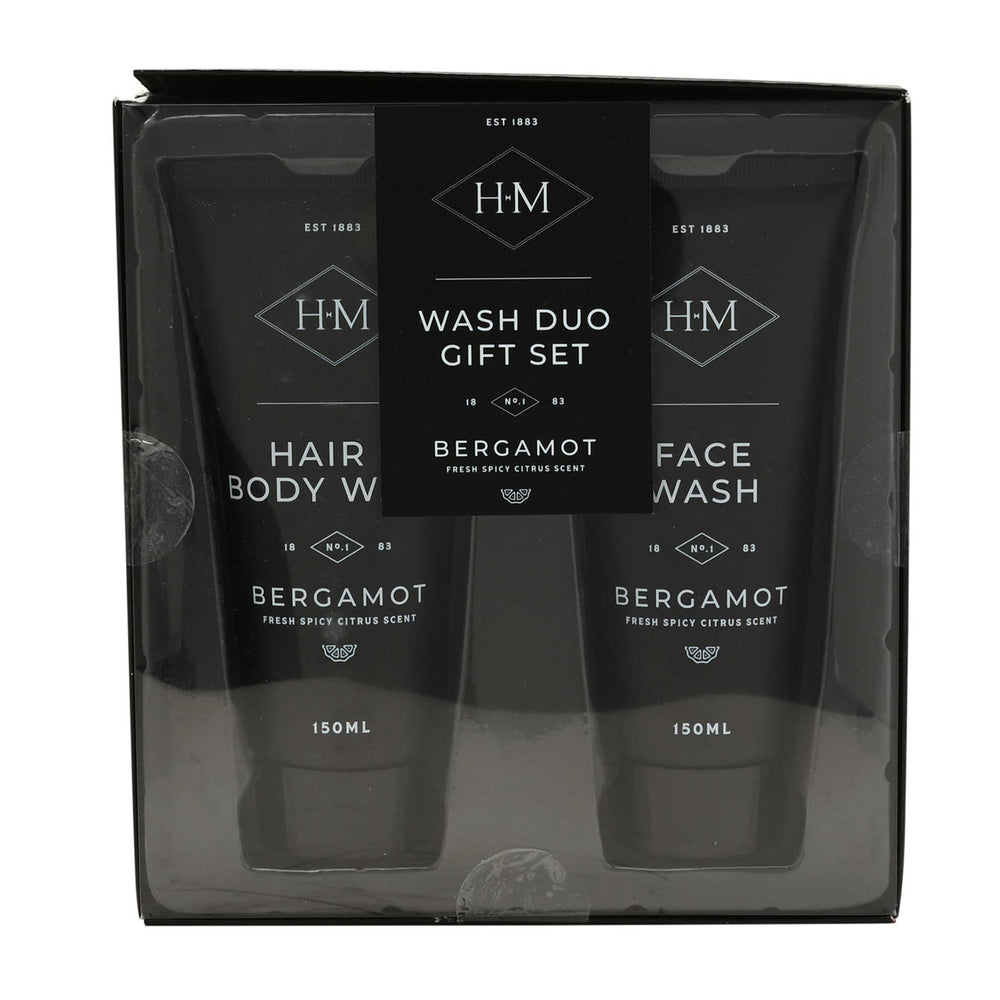 H&M Wash Duo Gift Set with two black bottles in clear packaging