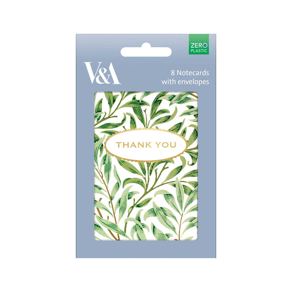 V&A brand 'Thank You' notecard set in a light blue plastic packaging sleeve, featuring a green and white botanical leaf pattern with gold accents.