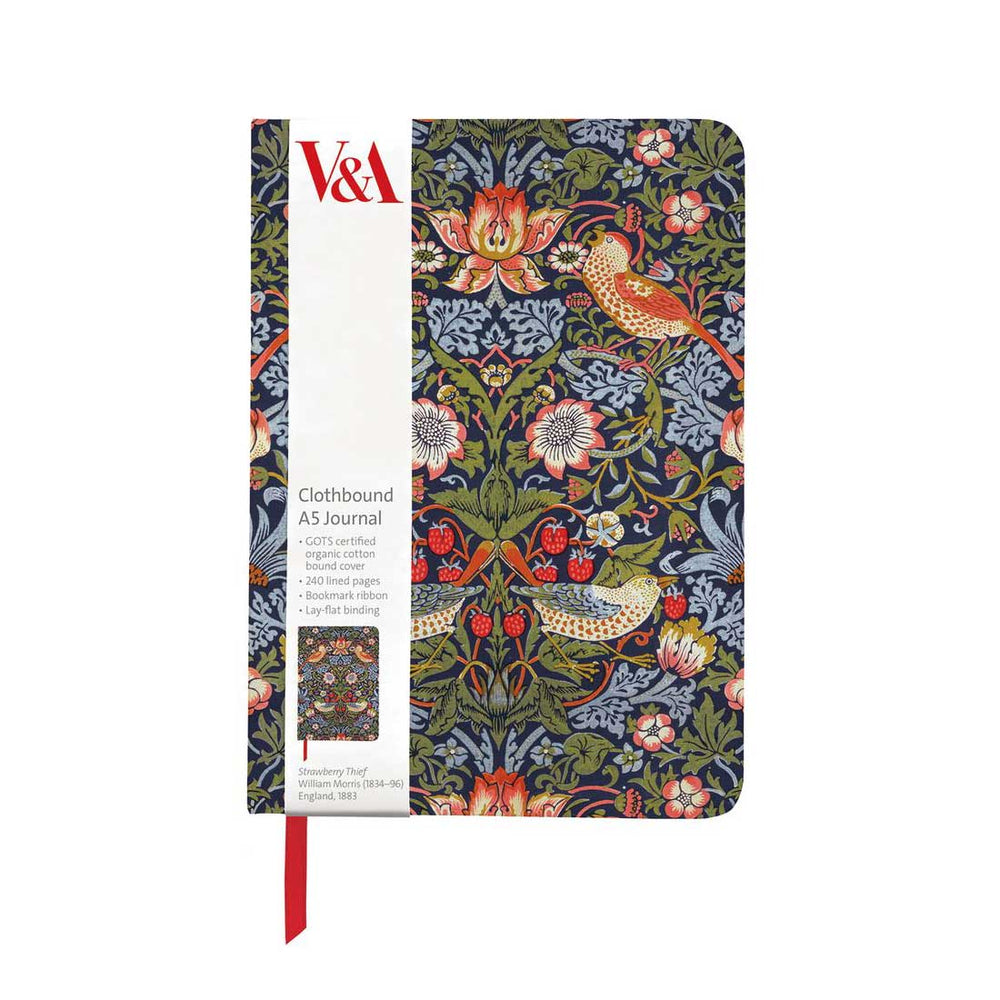 V&A Clothbound A5 Journal featuring a detailed William Morris-style floral and bird pattern in navy, green, red, and orange, with a white paper cover and red ribbon bookmark.