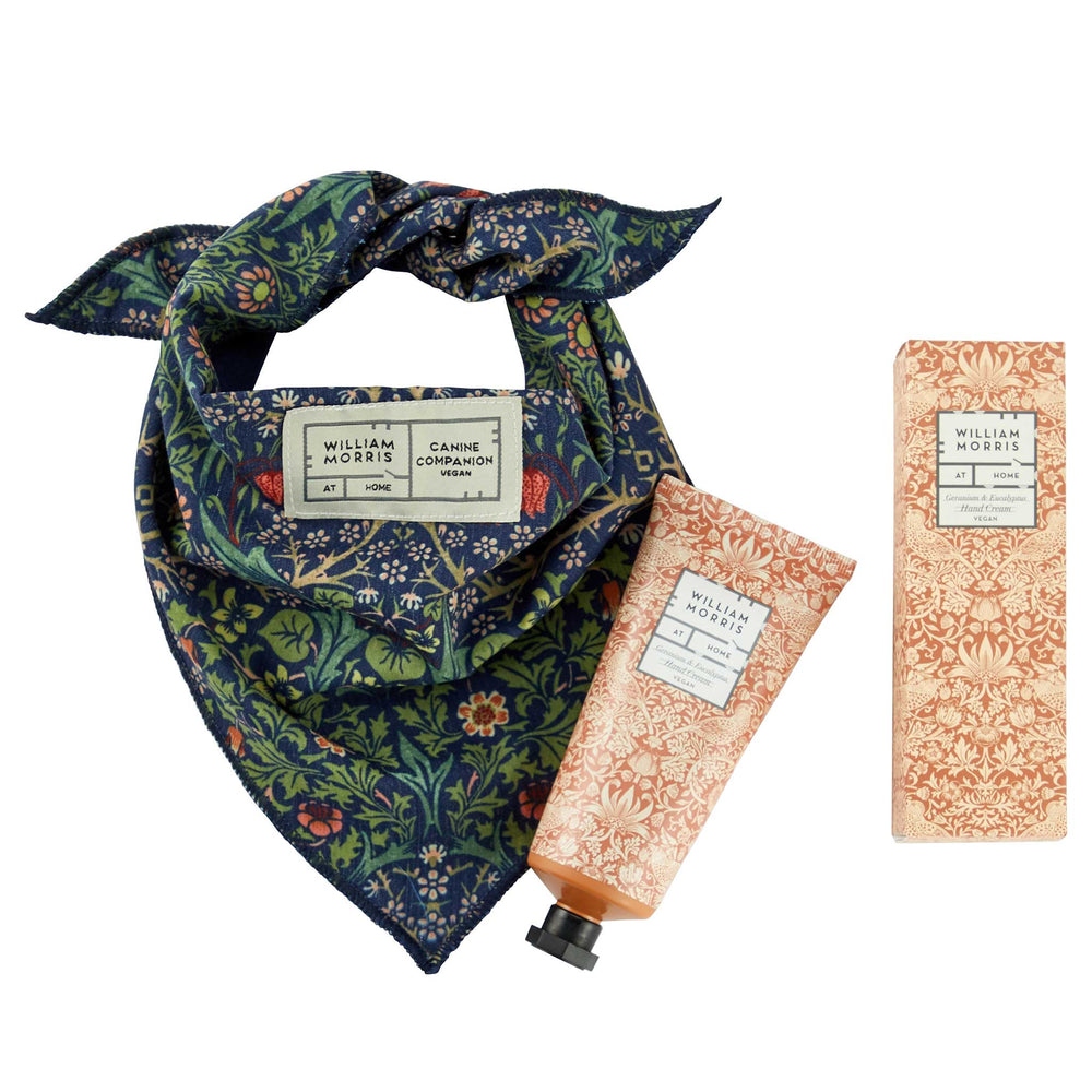 William Morris Combing Hair Kit featuring a navy blue floral bandana, a squeeze tube of combing hair, and its patterned box, all with William Morris branding on a white background.