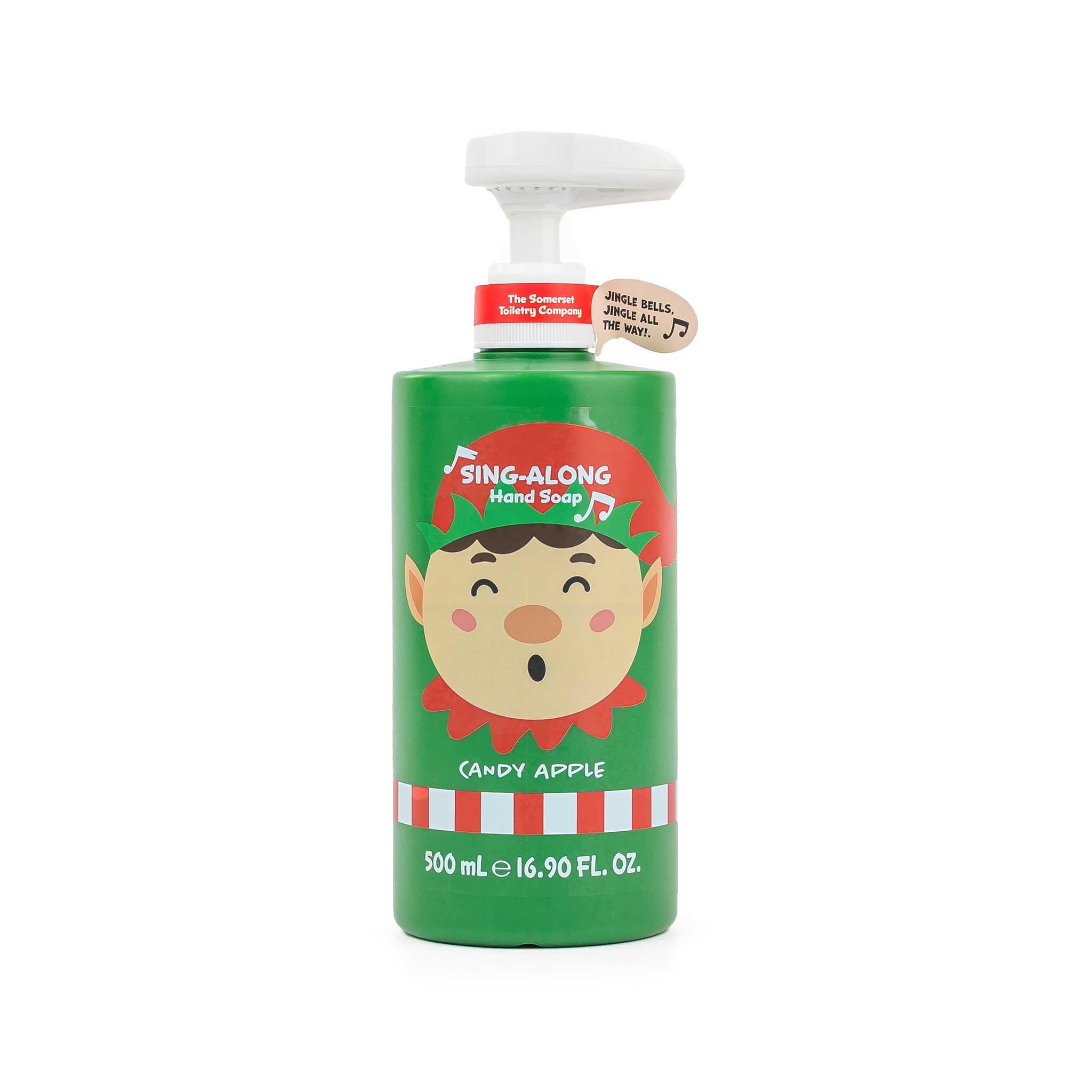A green pump bottle of Sing-Along Hand Soap in Candy Apple scent, featuring a cartoon elf face on the label, with a white pump dispenser and a small hanging tag, set against a plain white background.