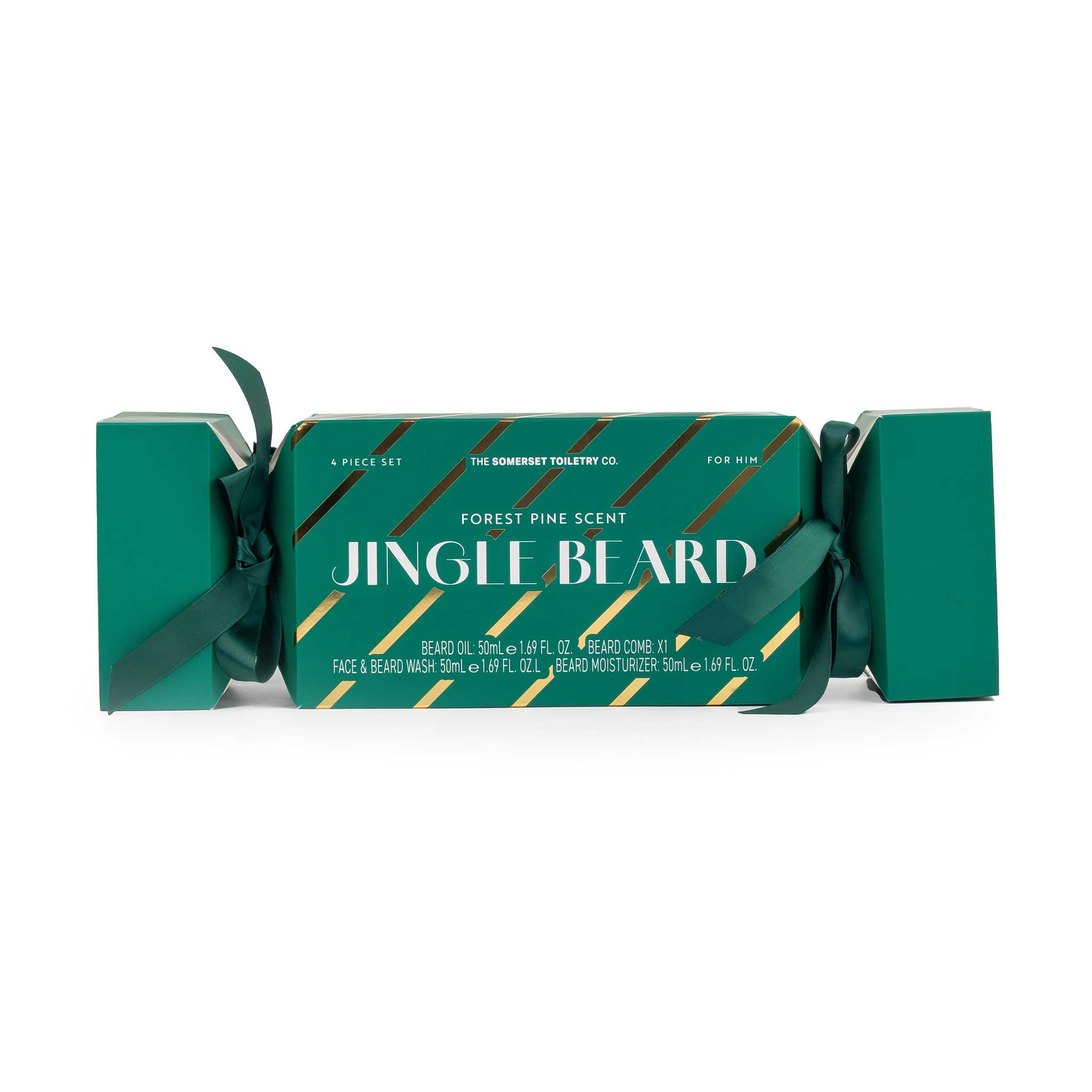 A Christmas-themed gift set of 'Jingle Beard' beard oil and beard wash by The Somberly Toilet Co. The product is packaged in a green Christmas cracker box with a dark green ribbon bow, featuring gold diagonal stripes and white text on a clean white background.