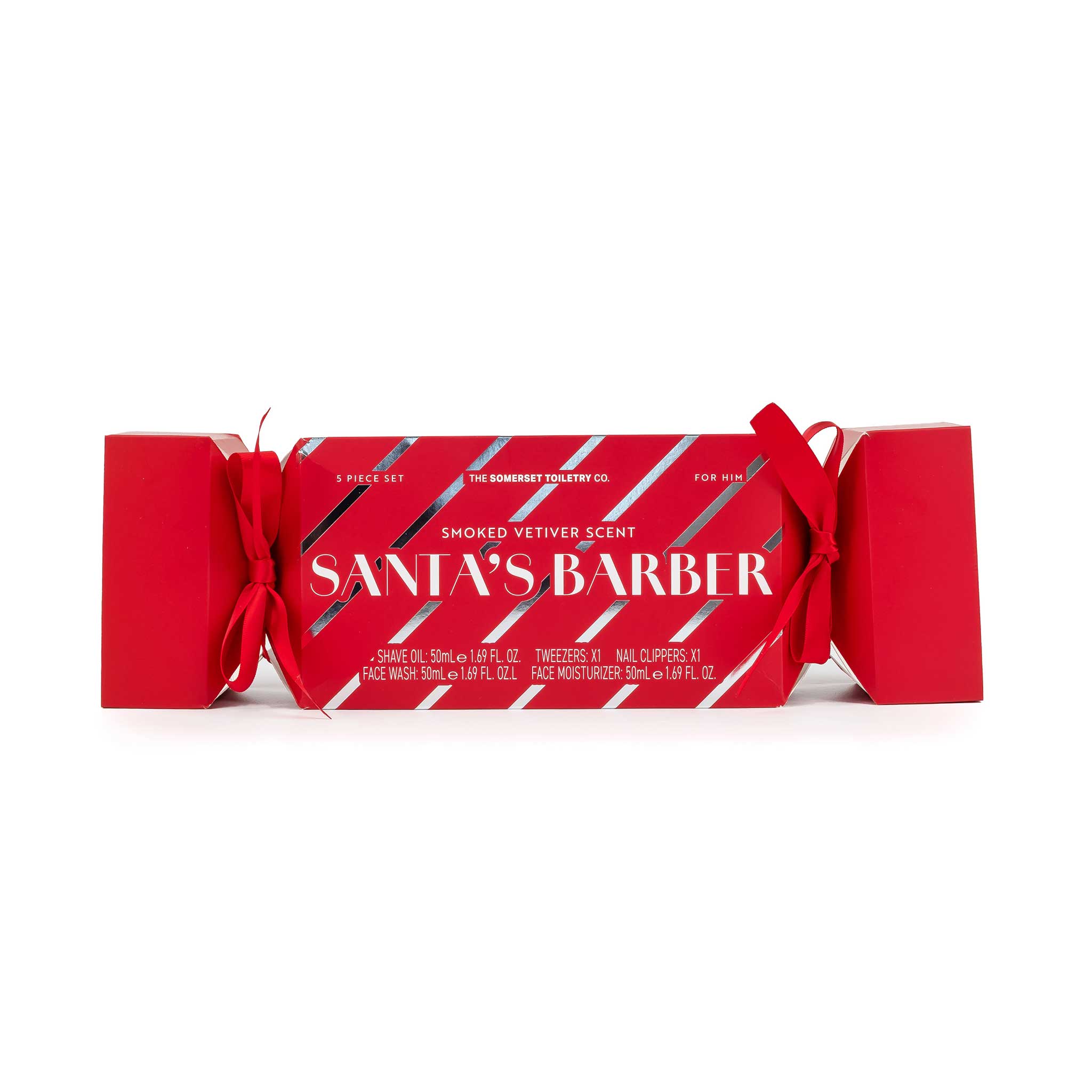 A red Christmas-themed product box with white and silver diagonal stripes and the text 'SANTA'S BARBER' in white, tied with red ribbon bows on both sides, on a white background.