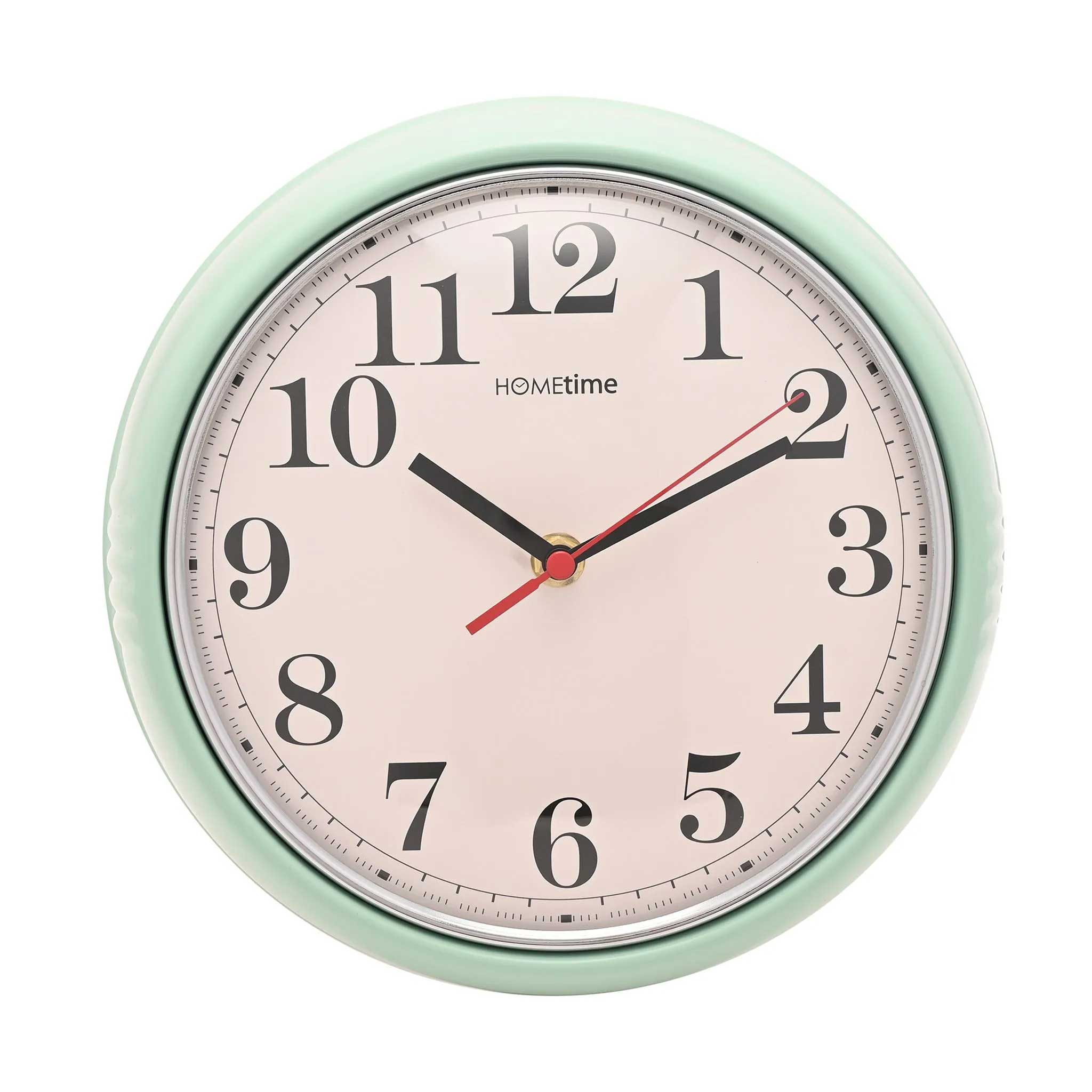 A round wall clock with a sage green frame, a white face, black numerals, black hands, and a red second hand.