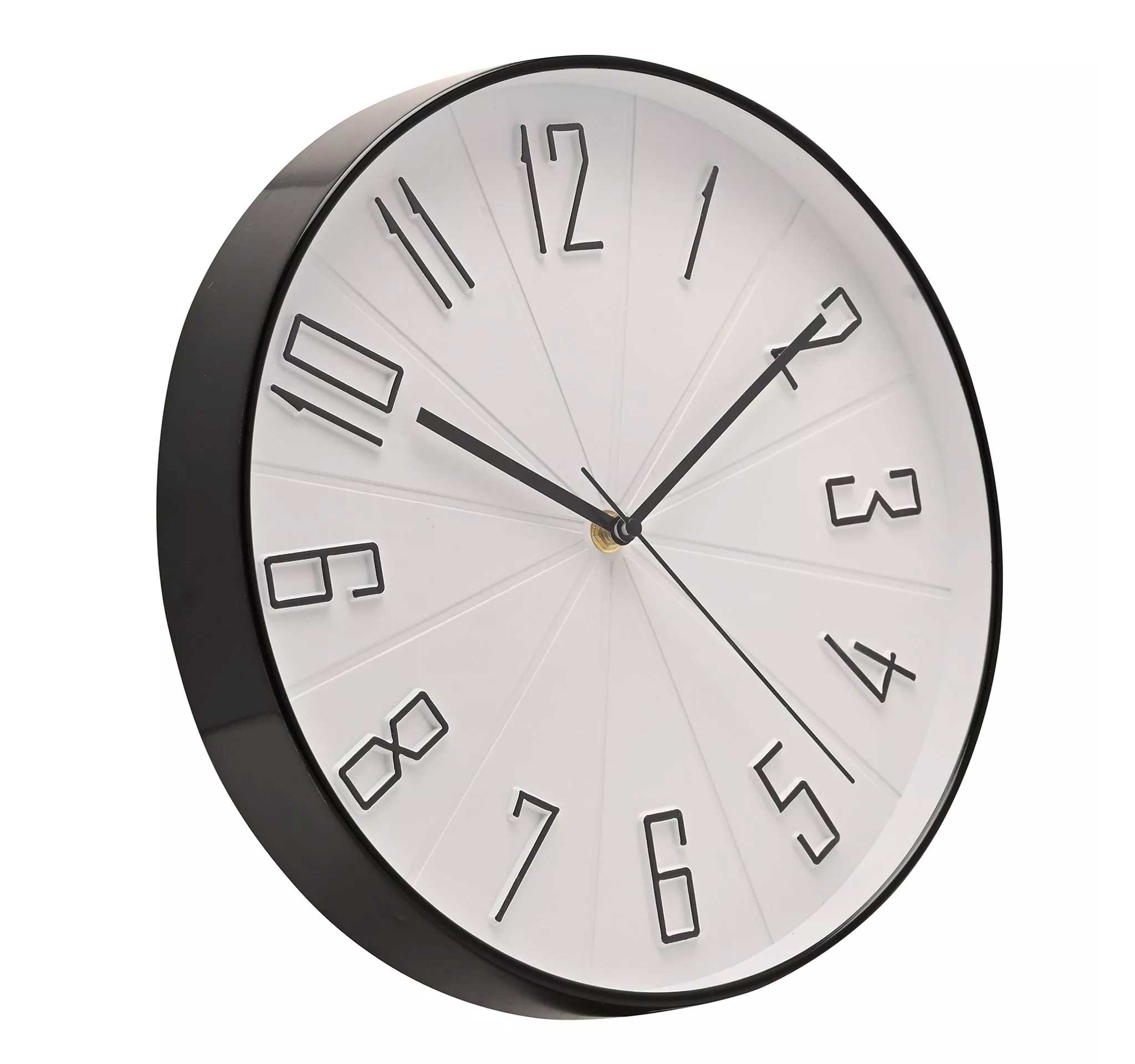A modern round wall clock with a glossy black frame and hands, featuring minimalist black numerals on a white face, shown against a plain white background.