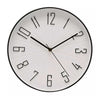 A minimalist round wall clock with a white face, black outer rim, black numerals, and black hands, shown against a plain white background.