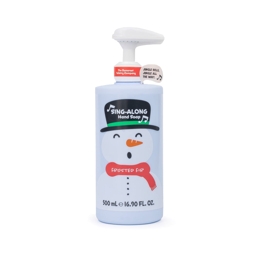 Hand soap bottle with snowman design on a white background