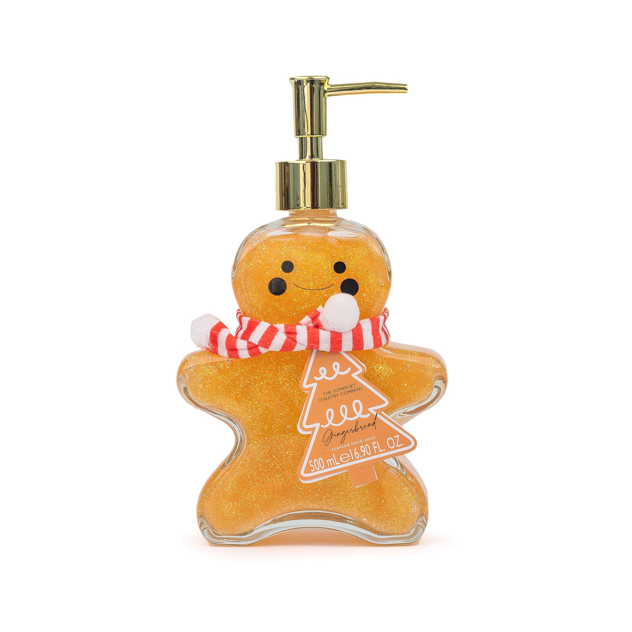 Gingerbread-shaped soap dispenser on a white background.