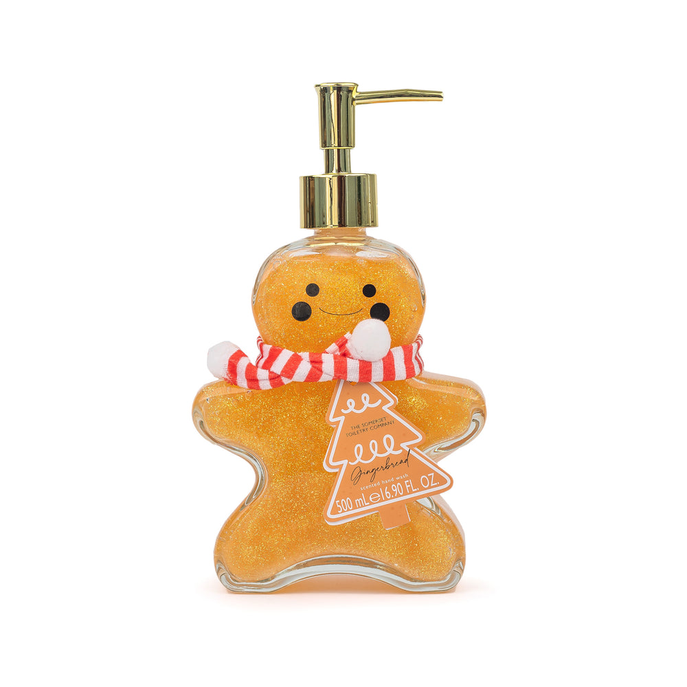 Gingerbread-shaped soap dispenser on a white background.