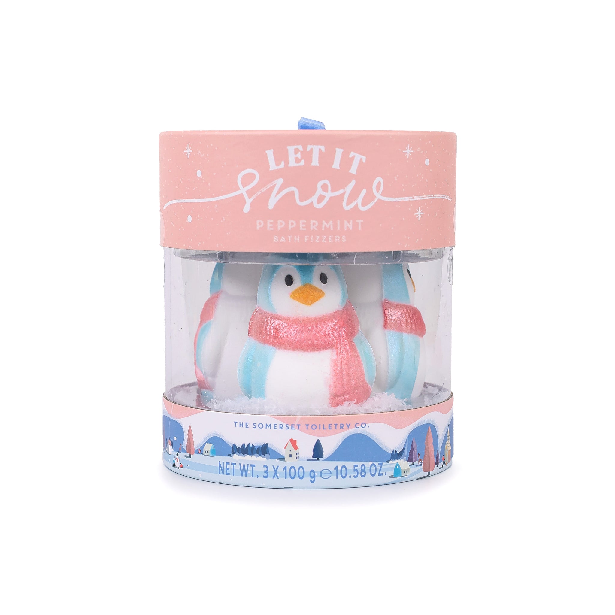 Penguin-themed bath fizzers in a decorative pink packaging on a white background
