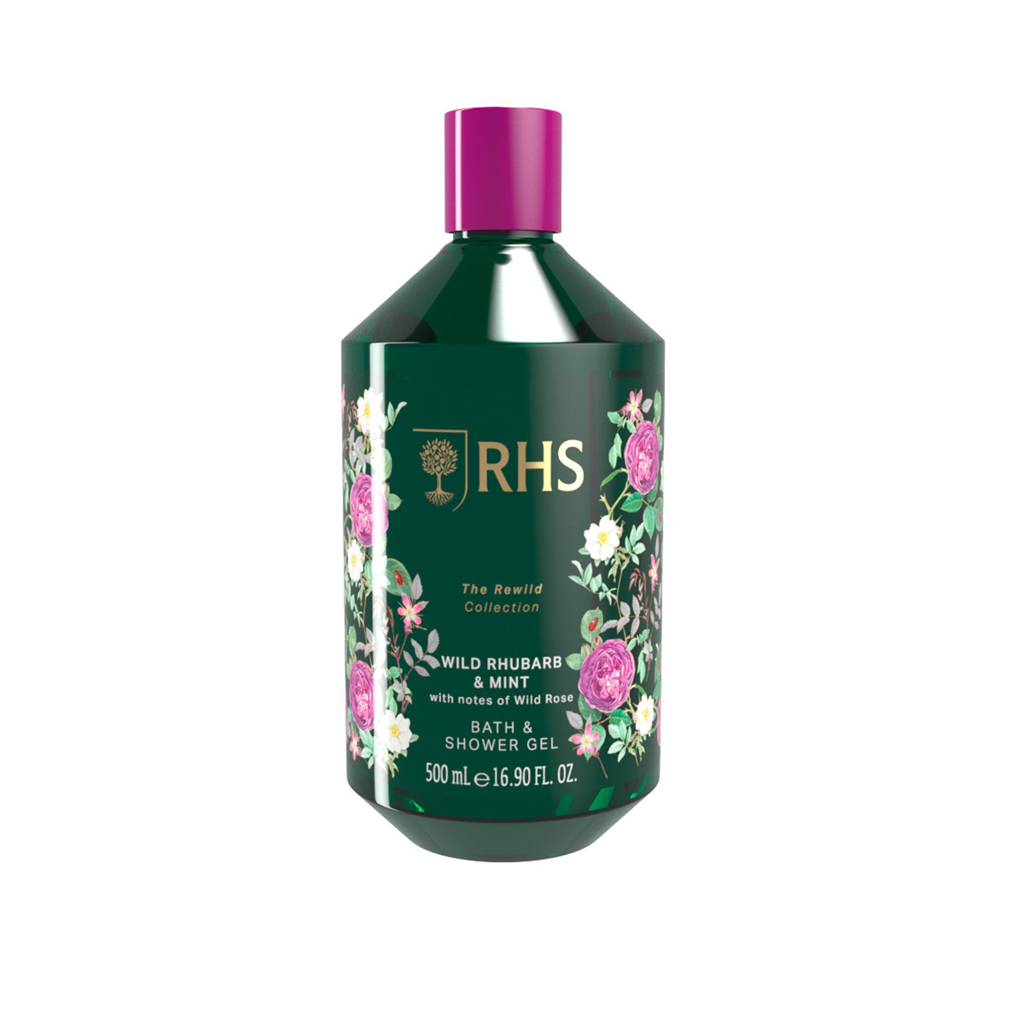 RHS bath and shower gel bottle with floral design on a white background.