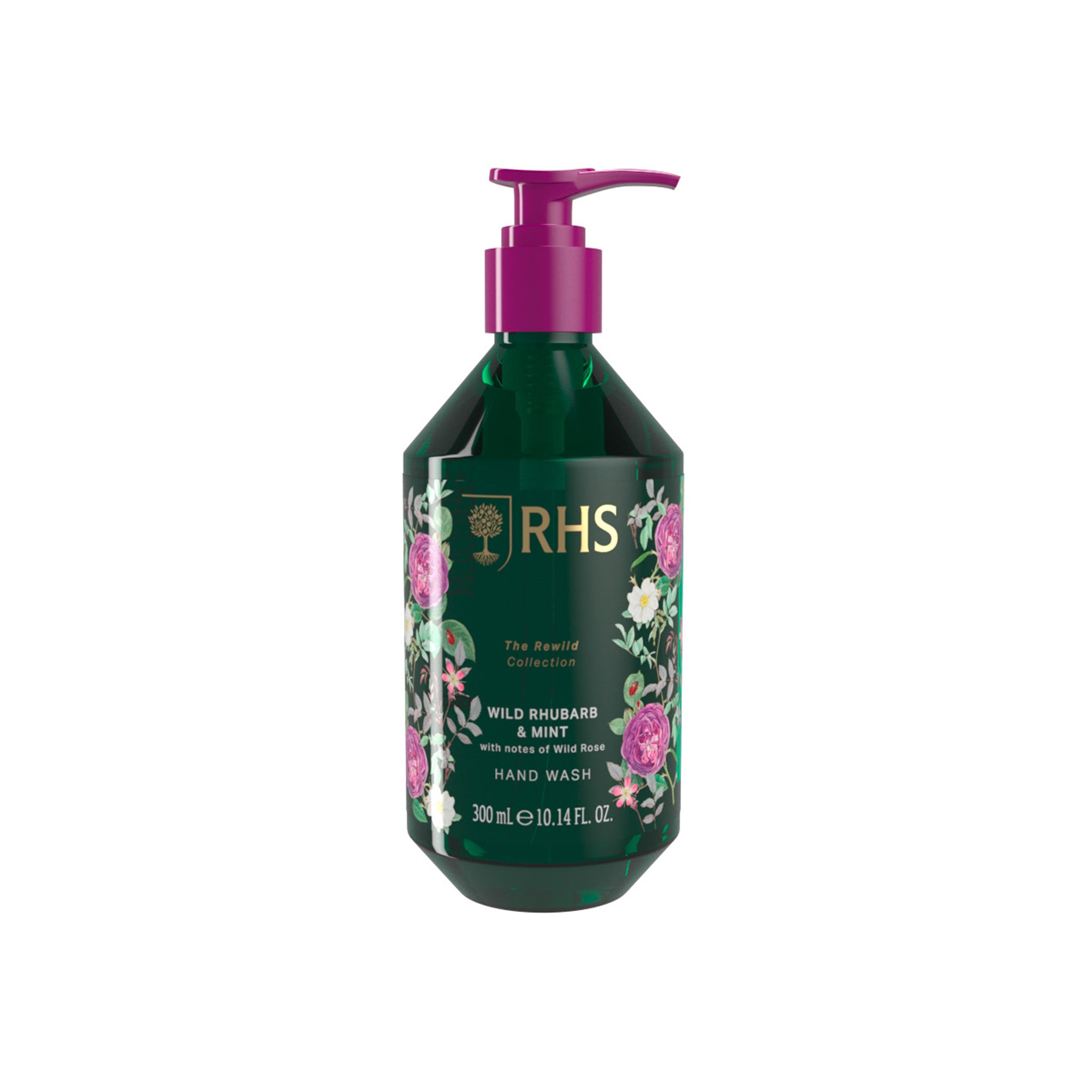 RHS hand wash bottle with floral design on a white background.
