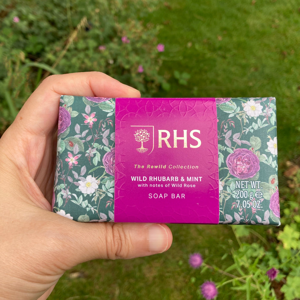 A person holding a large bar of RHS wild rhubarb and mint soap with a lawn and flower borders out of focus behind.