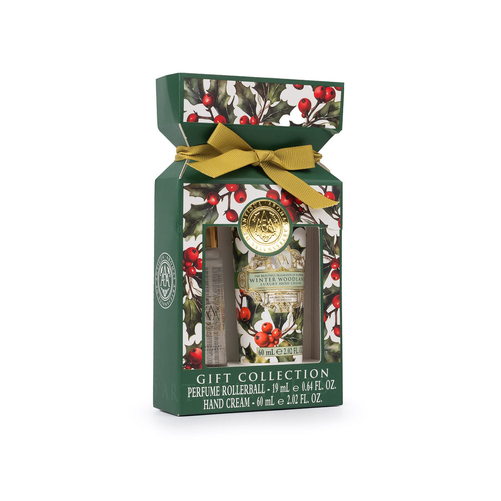 Winter Woodland Festive Set gift collection set with perfume rollerball and hand cream in a decorative box with holly design.