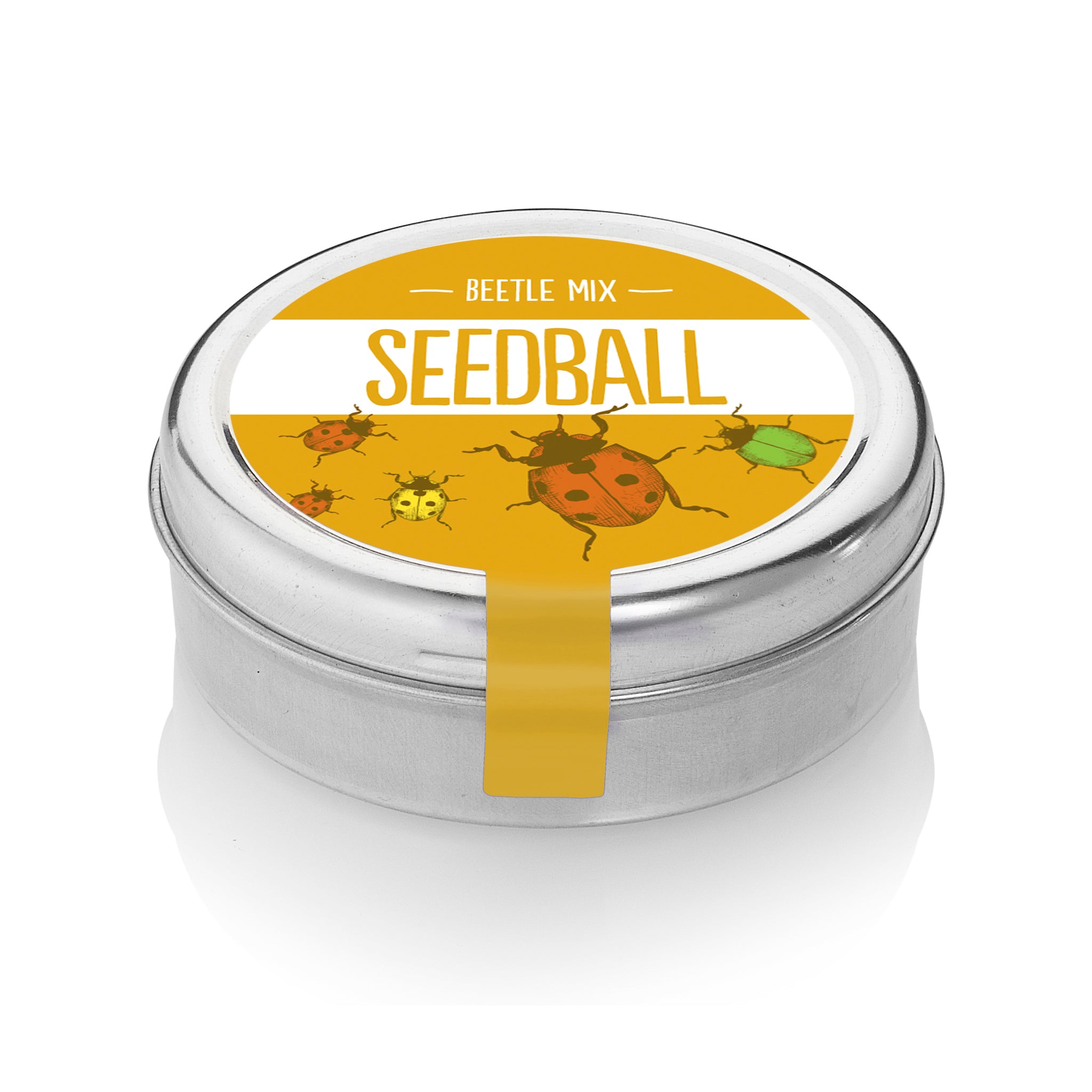 Seedball beetle tin against a white background.