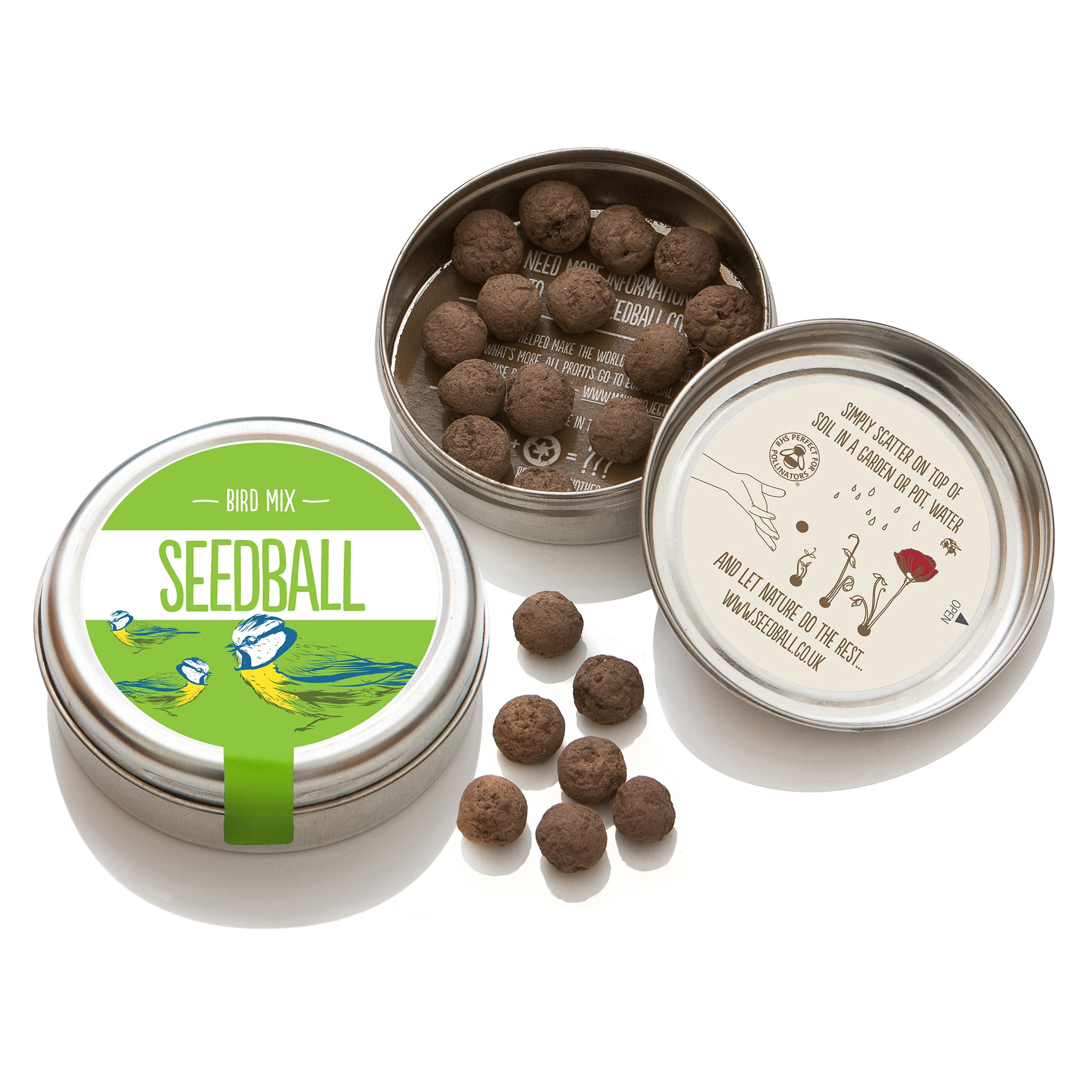 Seedball bird tin open showing seedballs.