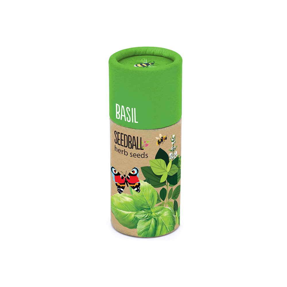 Seedball basil tube against a white background.