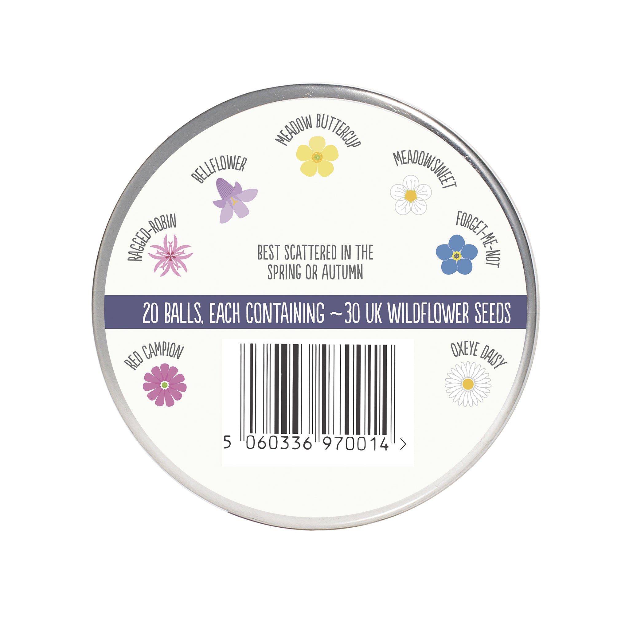 Rear of the seedball tin on a white background