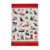 Decorative towel with Christmas-themed illustrations of dogs and festive items on a white background.