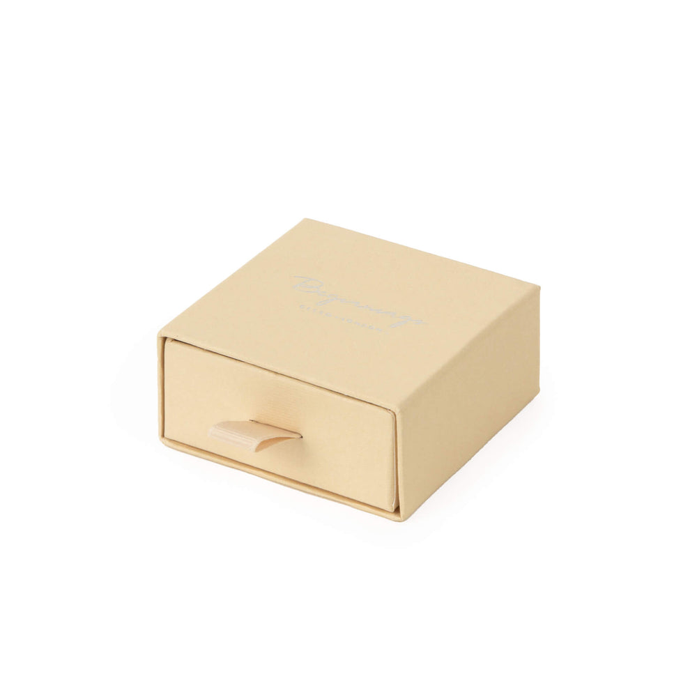 Beige presentation box, closed with a loop to pull open the tray.