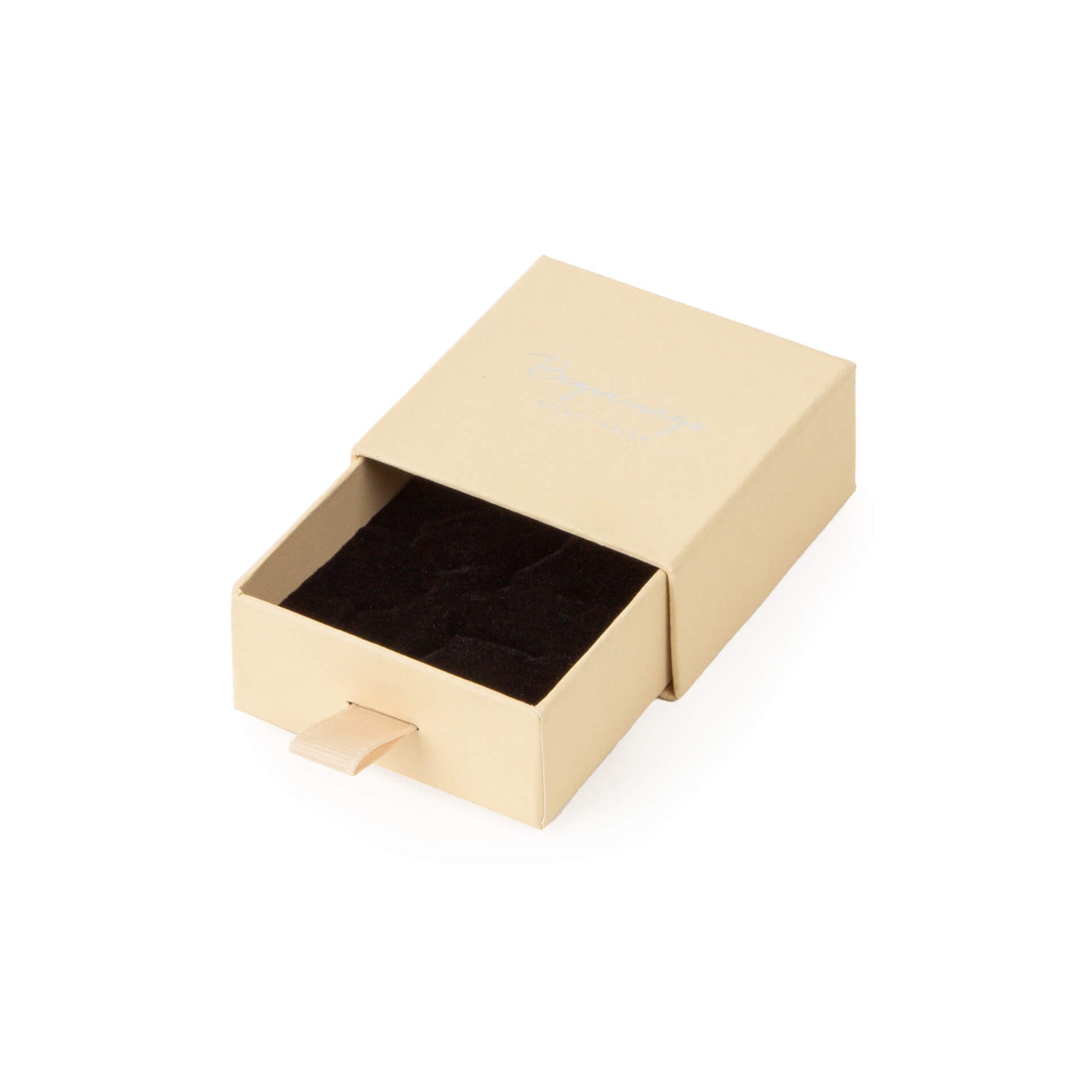 Beige presentation box in the open position against a white background.