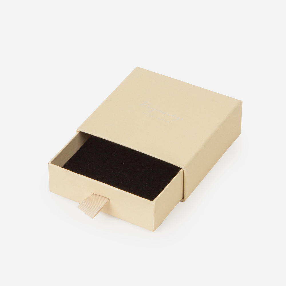 Beige presentation box in the open position against a white background.