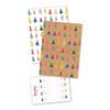 Wrapping paper and stickers with Christmas tree designs on a white background