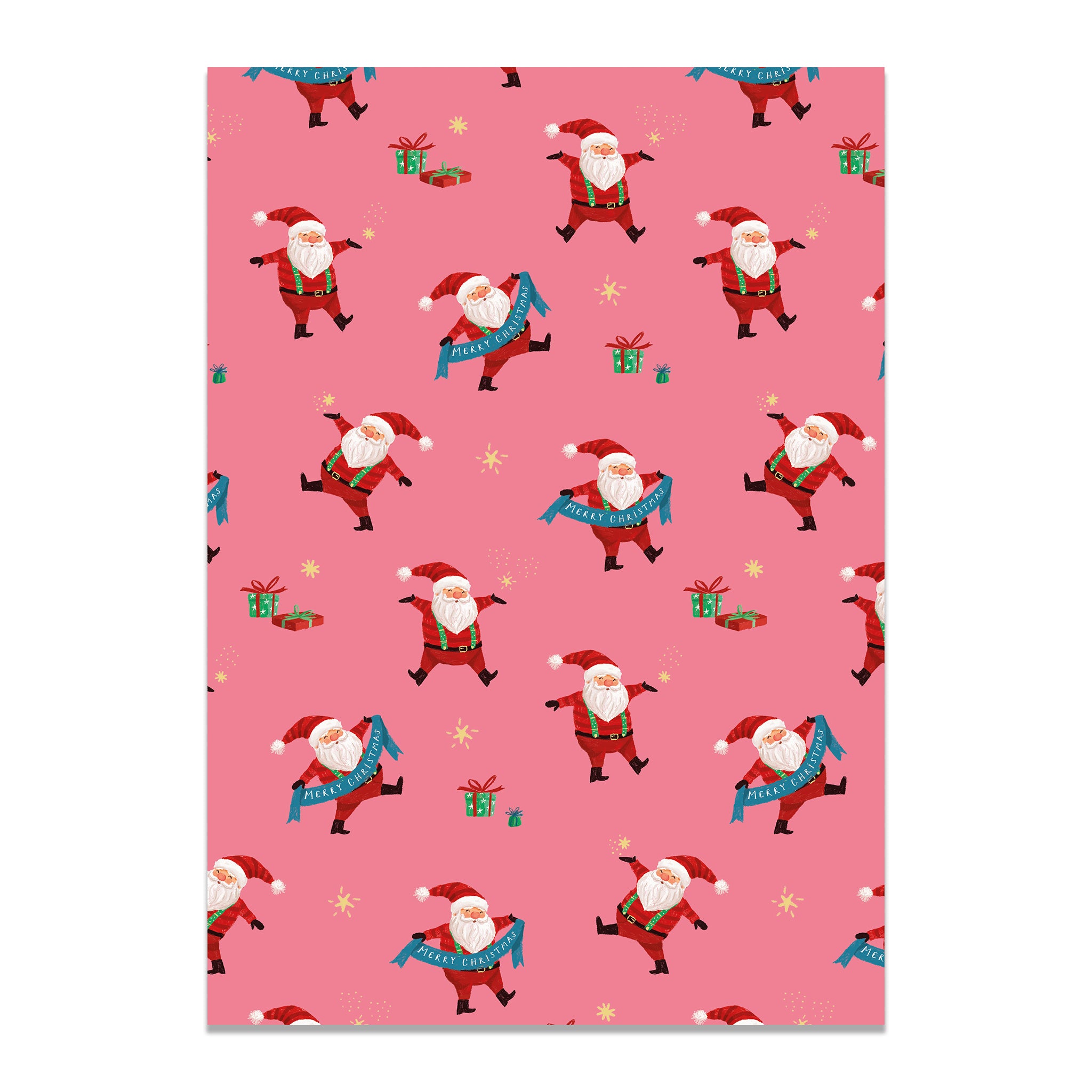 Pink wrapping paper with Santa Claus and presents pattern