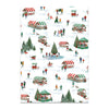 Christmas-themed wrapping paper with winter scene, trees, and people on a white background