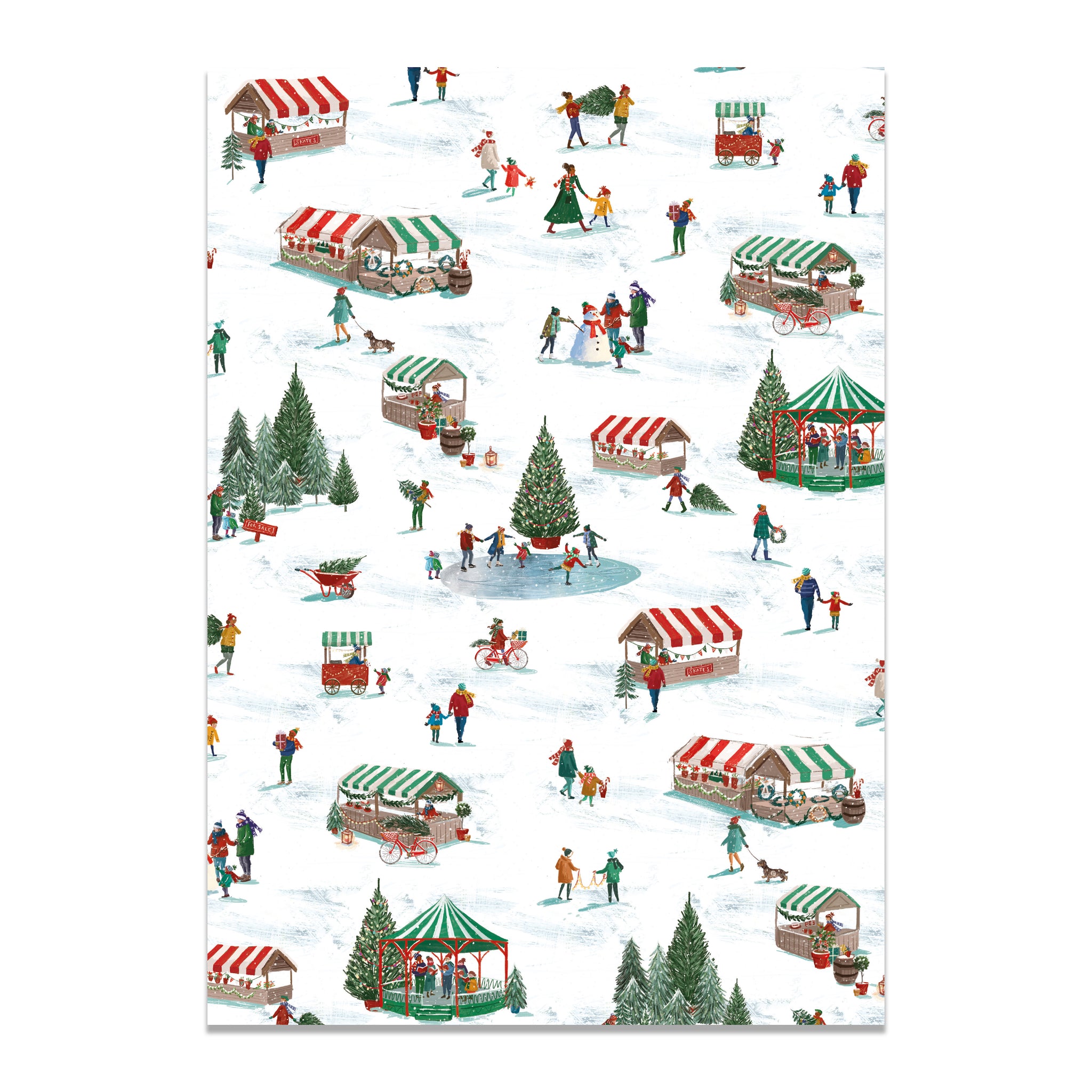 Christmas-themed wrapping paper with winter scene, trees, and people on a white background