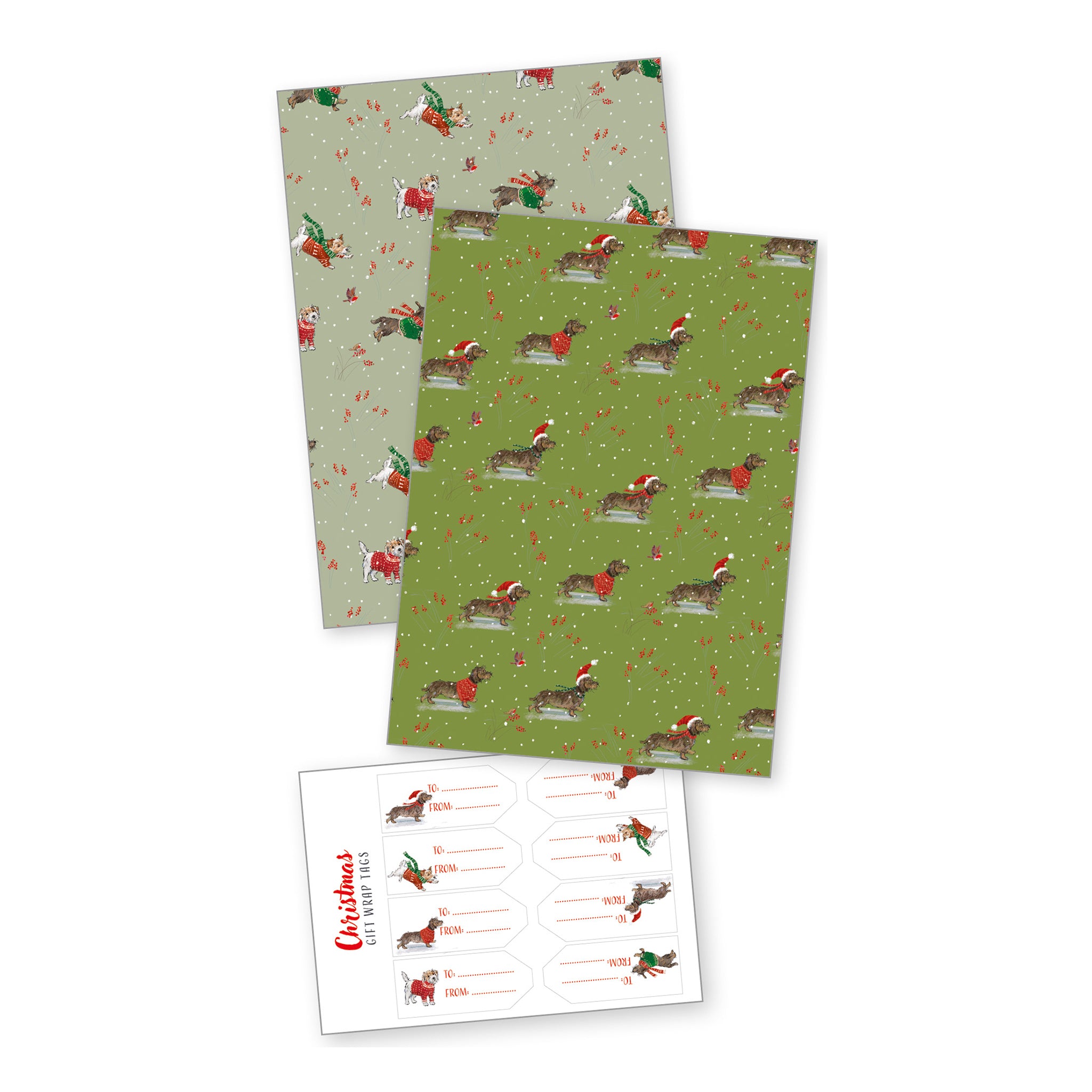 Two sheets of Christmas-themed paper with a dog pattern on a white background with a sheet of stickers.