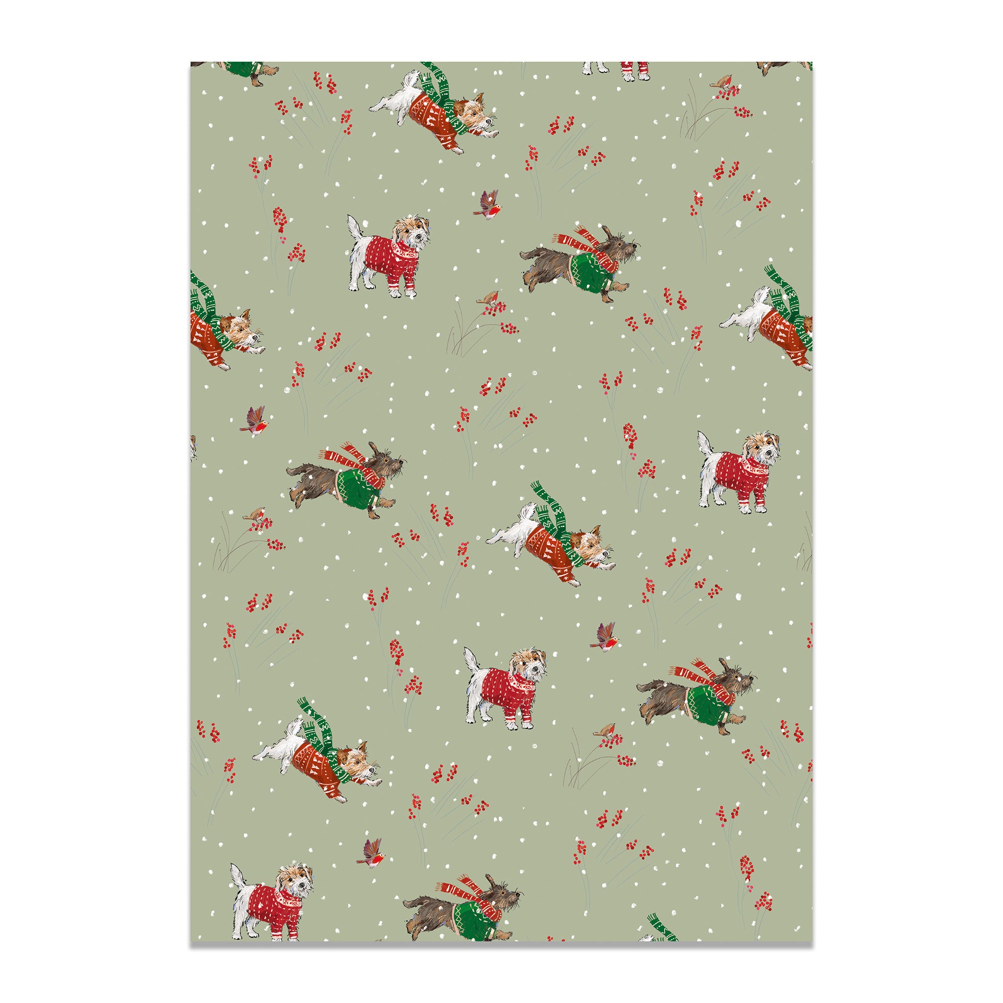 Patterned paper with cartoon dogs in winter clothing on a light green background