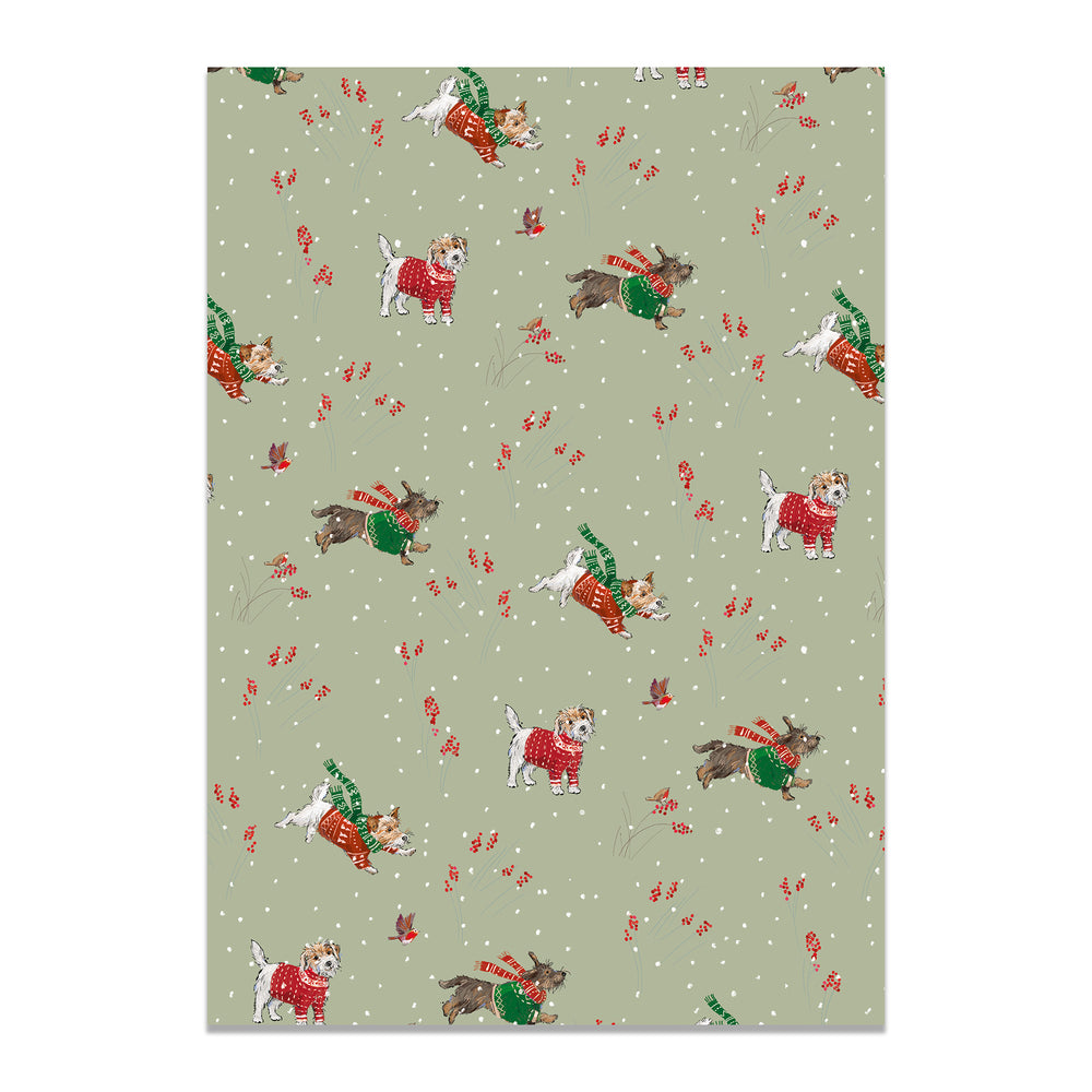 Patterned paper with cartoon dogs in winter clothing on a light green background